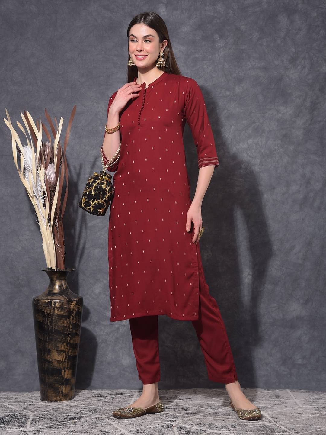     			Mamoose Rayon Printed Kurti With Pants Women's Stitched Salwar Suit - Maroon ( Pack of 1 )