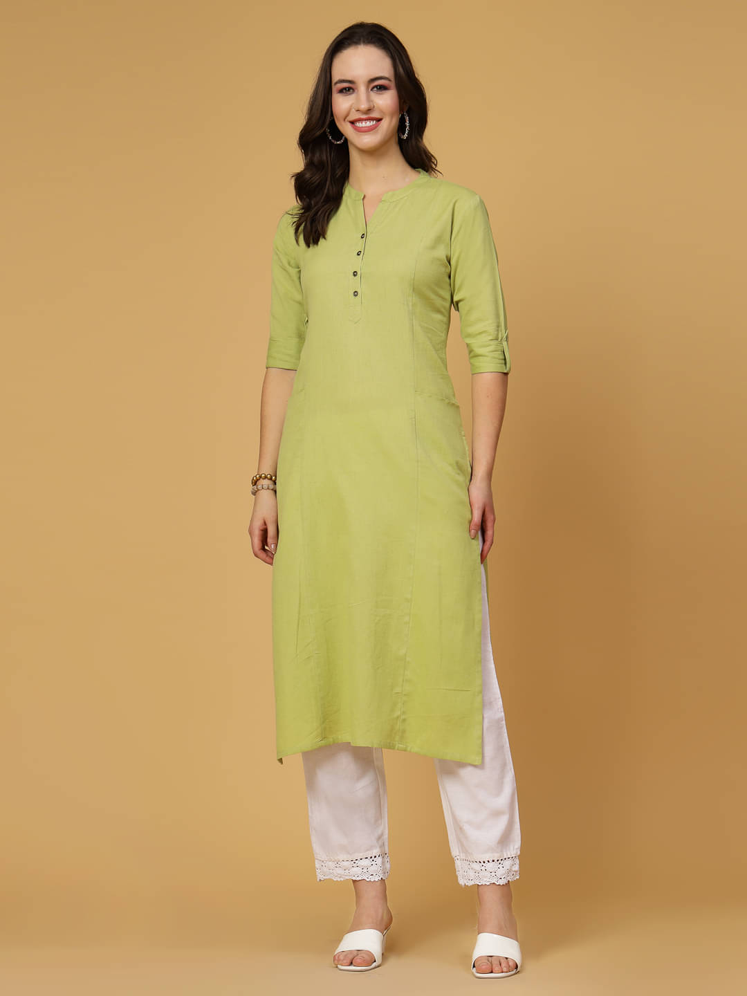     			Pistaa Cotton Solid Straight Women's Kurti - Lime Green ( Pack of 1 )