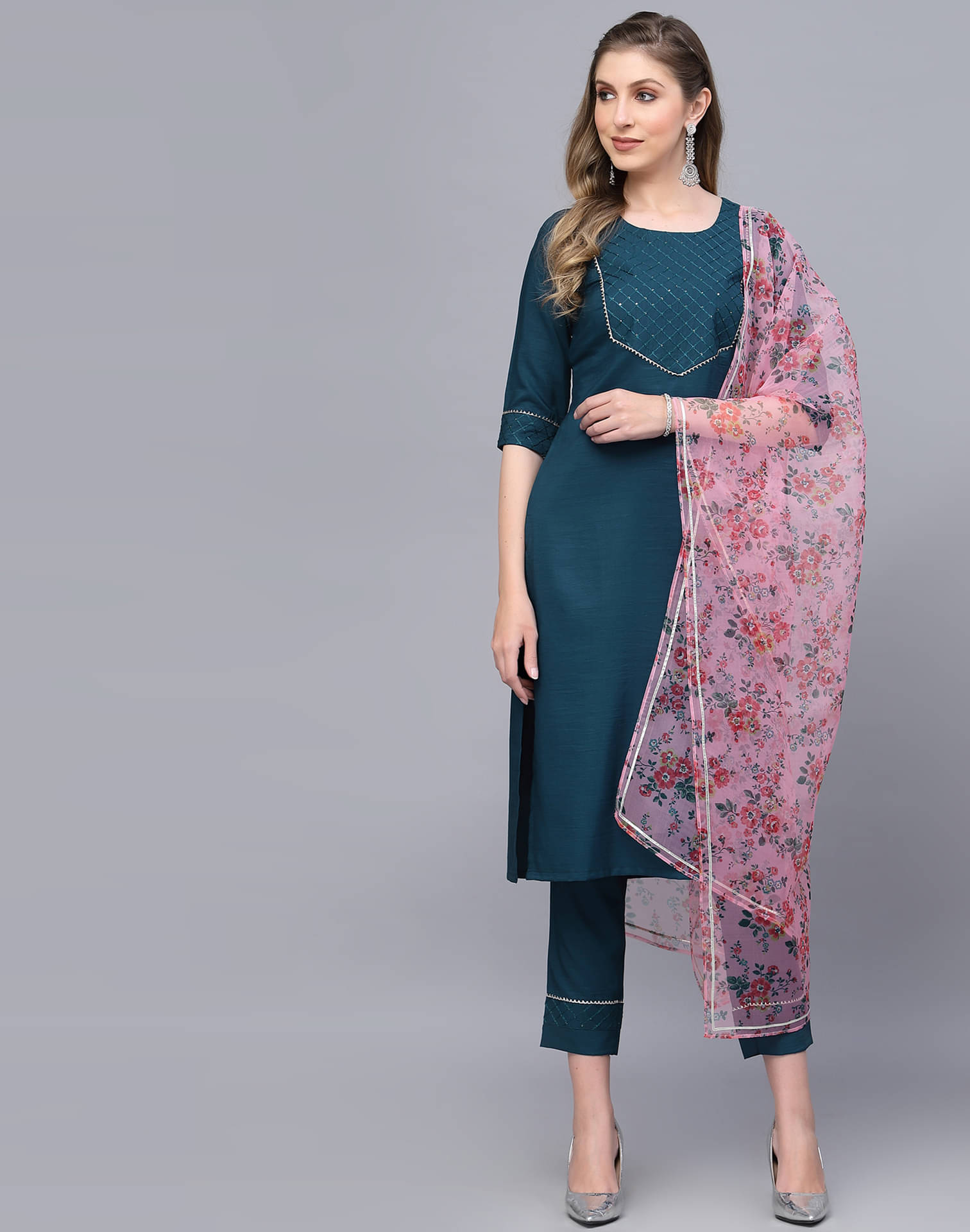 Skylee Chiffon Embellished Kurti With Pants Women's Stitched Salwar Suit - Teal ( Pack of 1 ) Skylee Chiffon Embellished Kurti With Pants Women's Stitched Salwar Suit - Teal ( Pack of 1 )