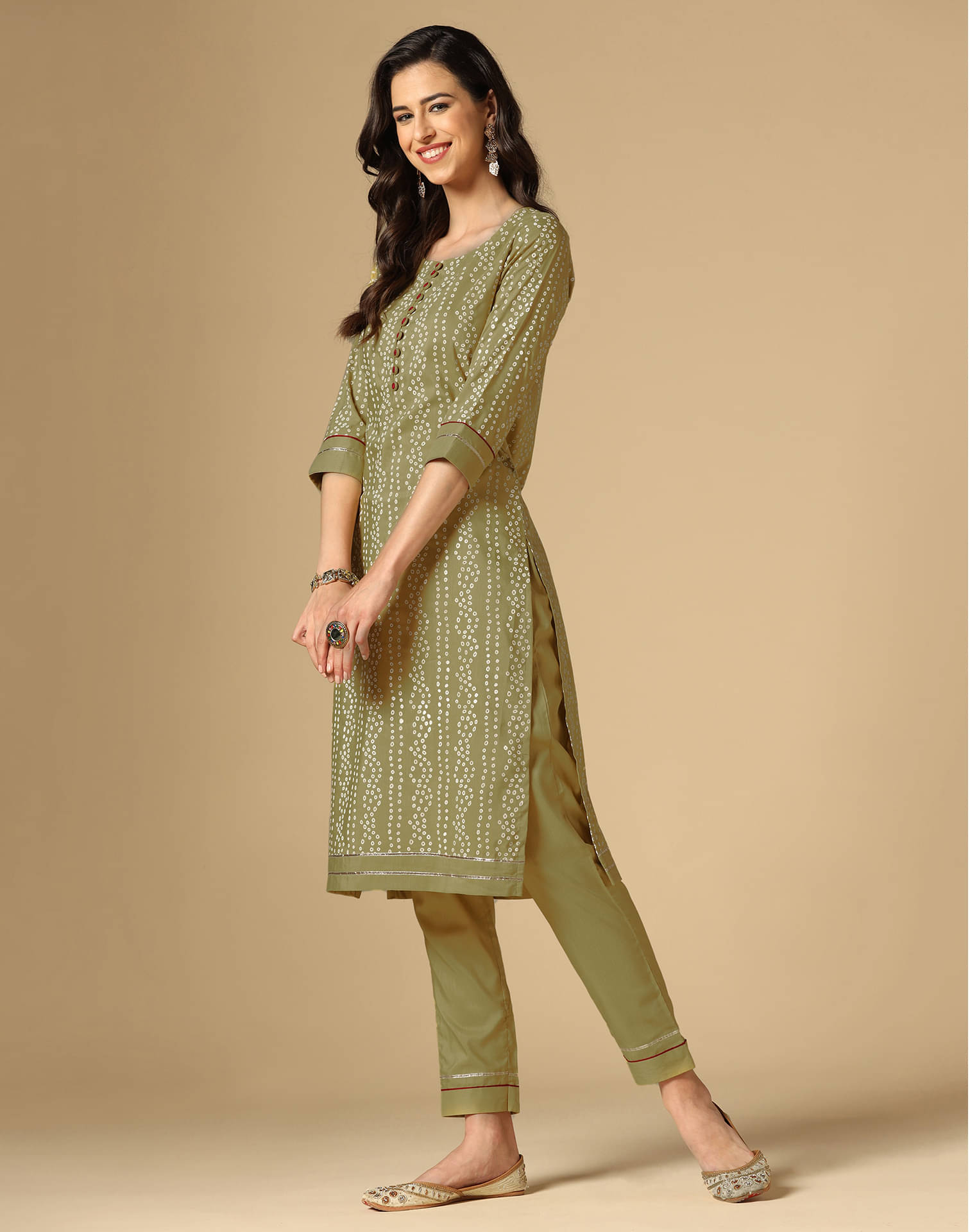     			Skylee Cotton Blend Embellished Kurti With Pants Women's Stitched Salwar Suit - Khaki ( Pack of 1 )