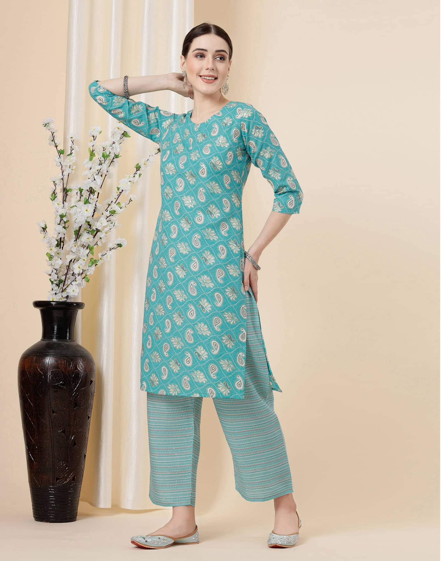     			Skylee Cotton Blend Printed Kurti With Pants Women's Stitched Salwar Suit - Turquoise ( Pack of 1 )