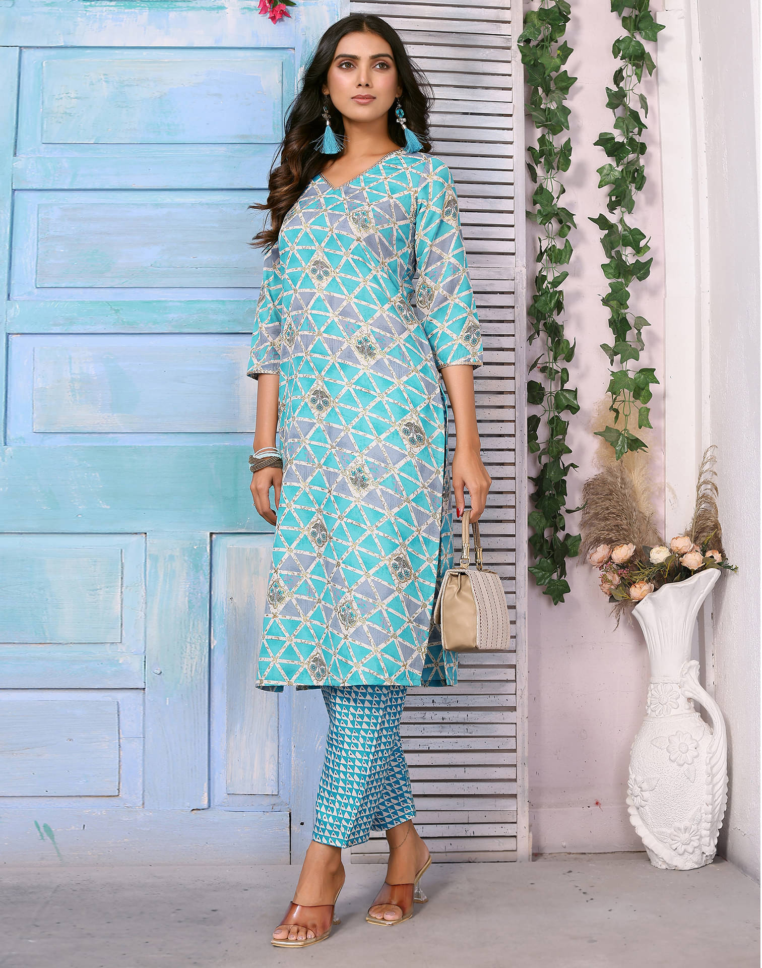     			Skylee Cotton Blend Printed Kurti With Pants Women's Stitched Salwar Suit - Light Blue ( Pack of 1 )