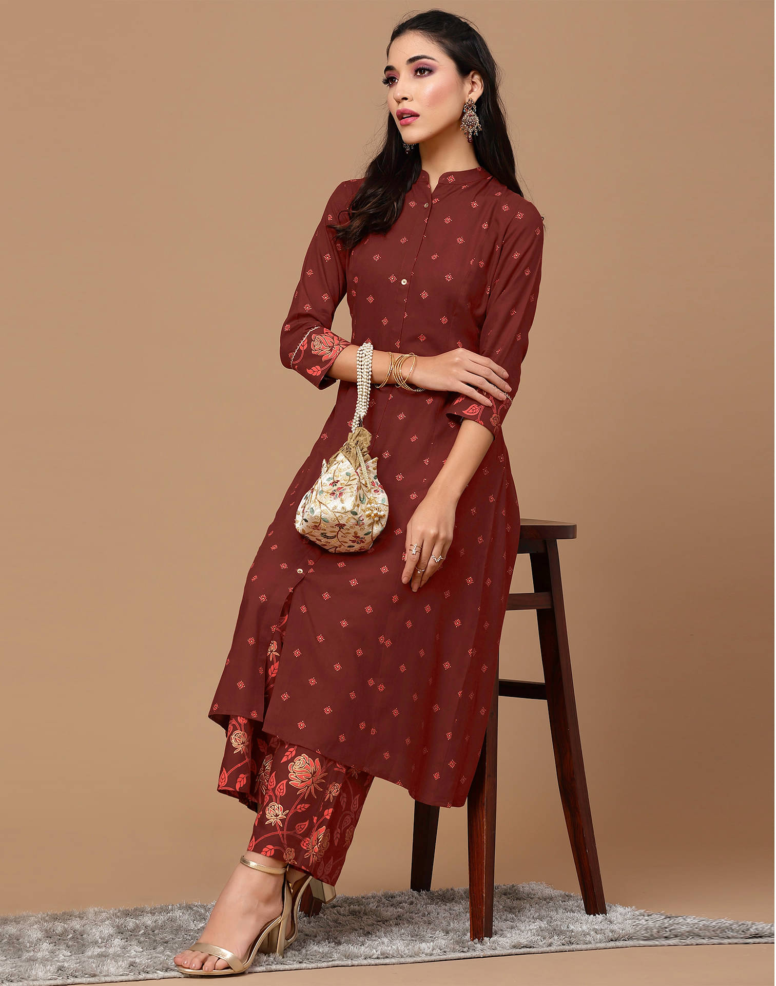 Skylee Rayon Printed Kurti With Pants Women's Stitched Salwar Suit - Rust ( Pack of 1 ) Skylee Rayon Printed Kurti With Pants Women's Stitched Salwar Suit - Rust ( Pack of 1 )