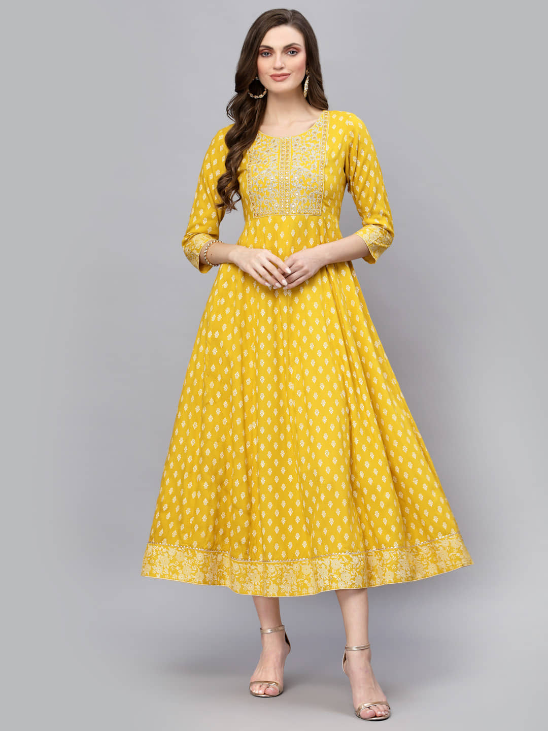 Stylum Rayon Printed Anarkali Women's Kurti - Mustard ( Pack of 1 ) - Kurtis, Tunics | Buy online on ZillyBuy