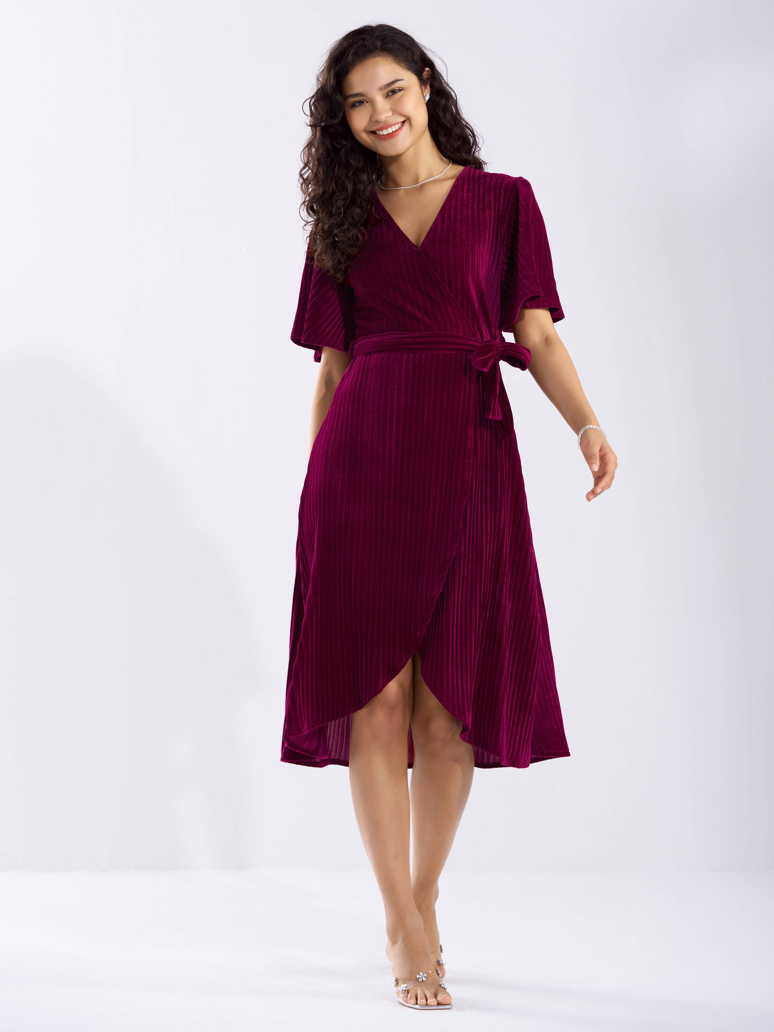 aask Women Velvet Solid Fit & Flare Dress ( Wine ) aask Women Velvet Solid Fit & Flare Dress ( Wine )