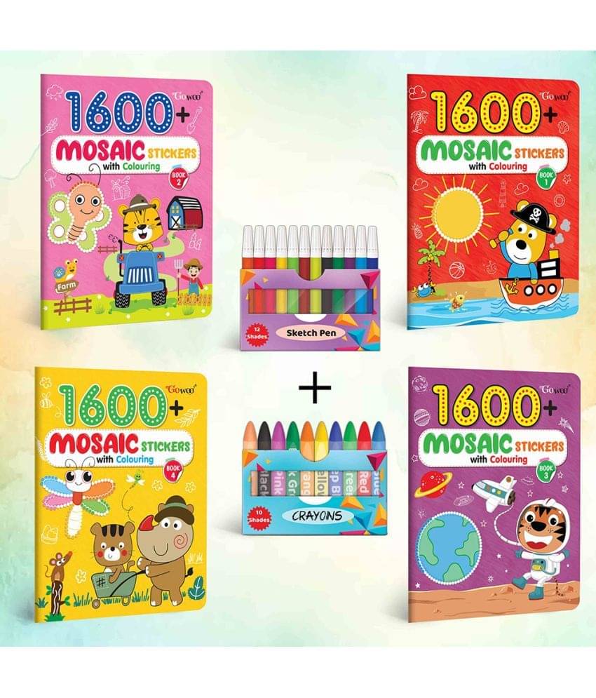 1600 MOSAIC STICKERS WITH COLOURING - BOOK 1, 2, 3 & 4 with 10 WAX CRAYONS and 12 WATER COLOUR SKETCH PEN |Combo of 4 | "Artistic Adventures: Mosaic Marvels Collection" 1600 MOSAIC STICKERS WITH COLOURING - BOOK 1, 2, 3 & 4 with 10 WAX CRAYONS and 12 WATER COLOUR SKETCH PEN |Combo of 4 | "Artistic Adventures: Mosaic Marvels Collection"