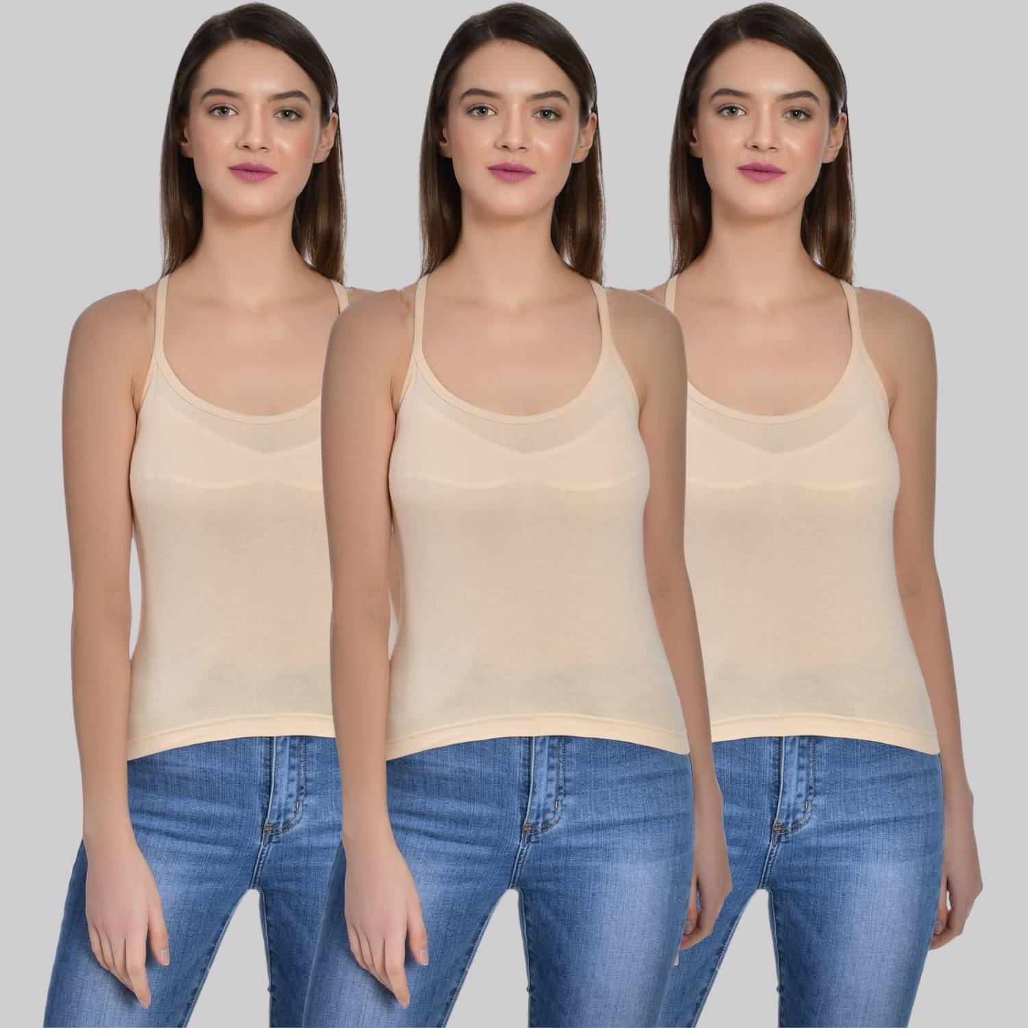     			AIMLY ScoopNeck CrossBack Cotton Camisoles - Beige Pack of 3