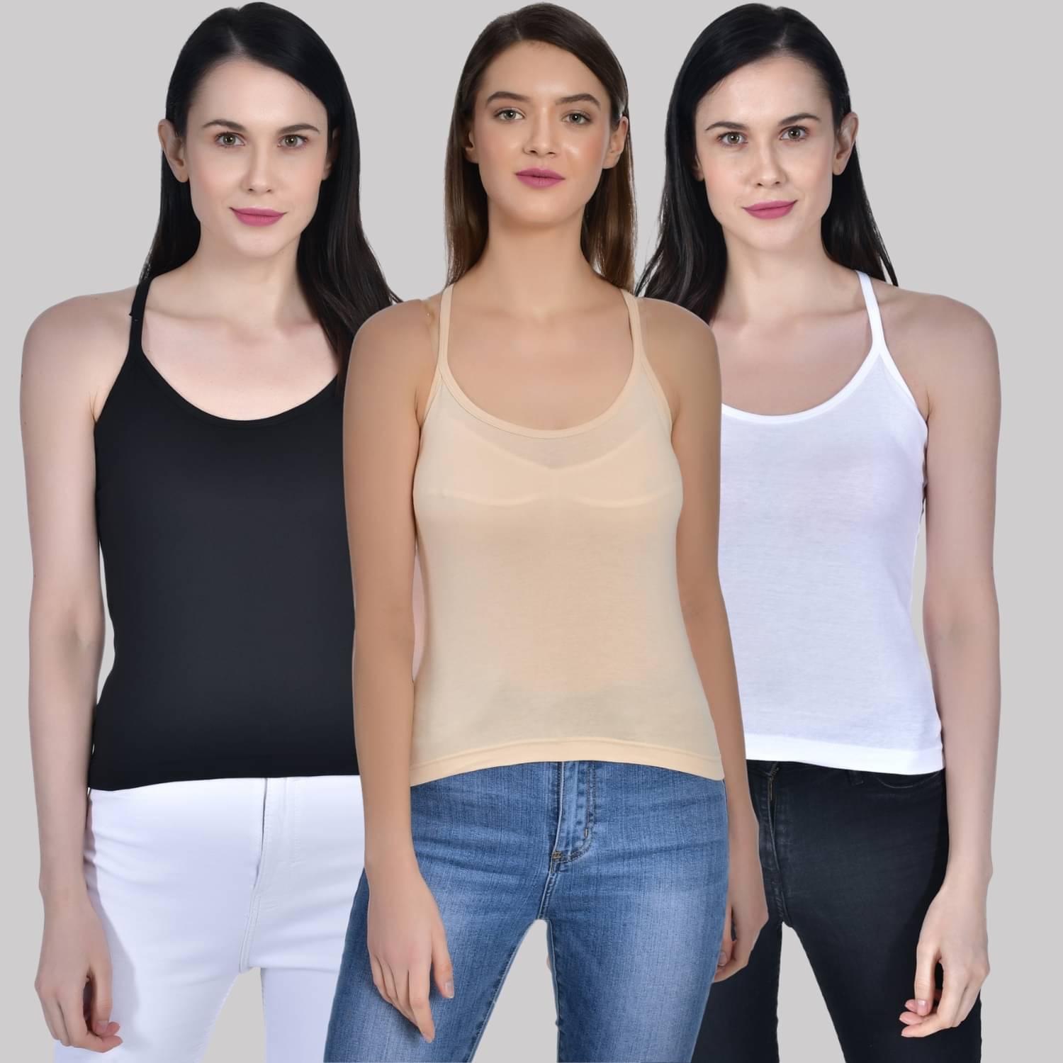 AIMLY ScoopNeck CrossBack Cotton Camisoles - Multi Color Pack of 3     			AIMLY ScoopNeck CrossBack Cotton Camisoles - Multi Color Pack of 3