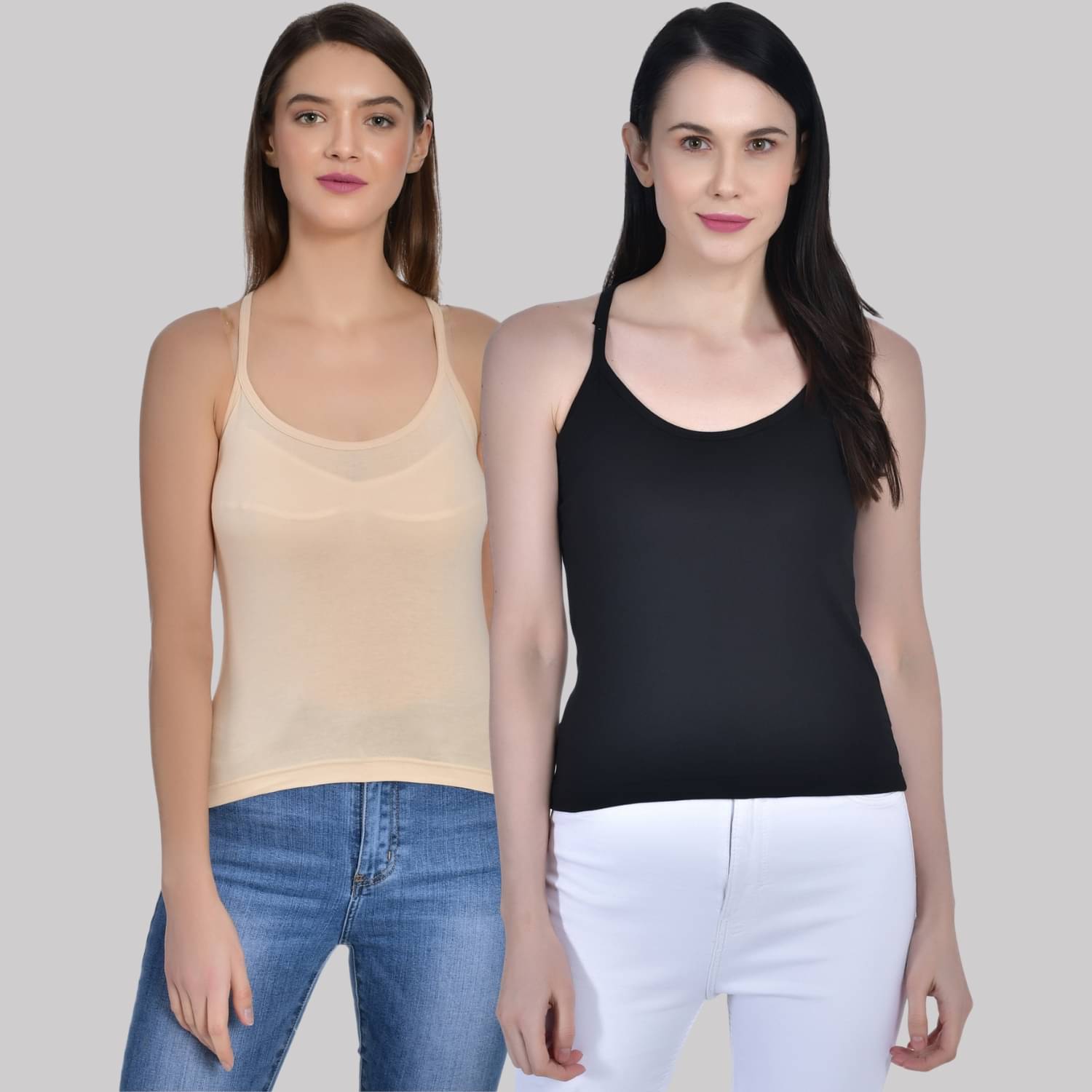     			AIMLY ScoopNeck CrossBack Cotton Camisoles - Black Pack of 2