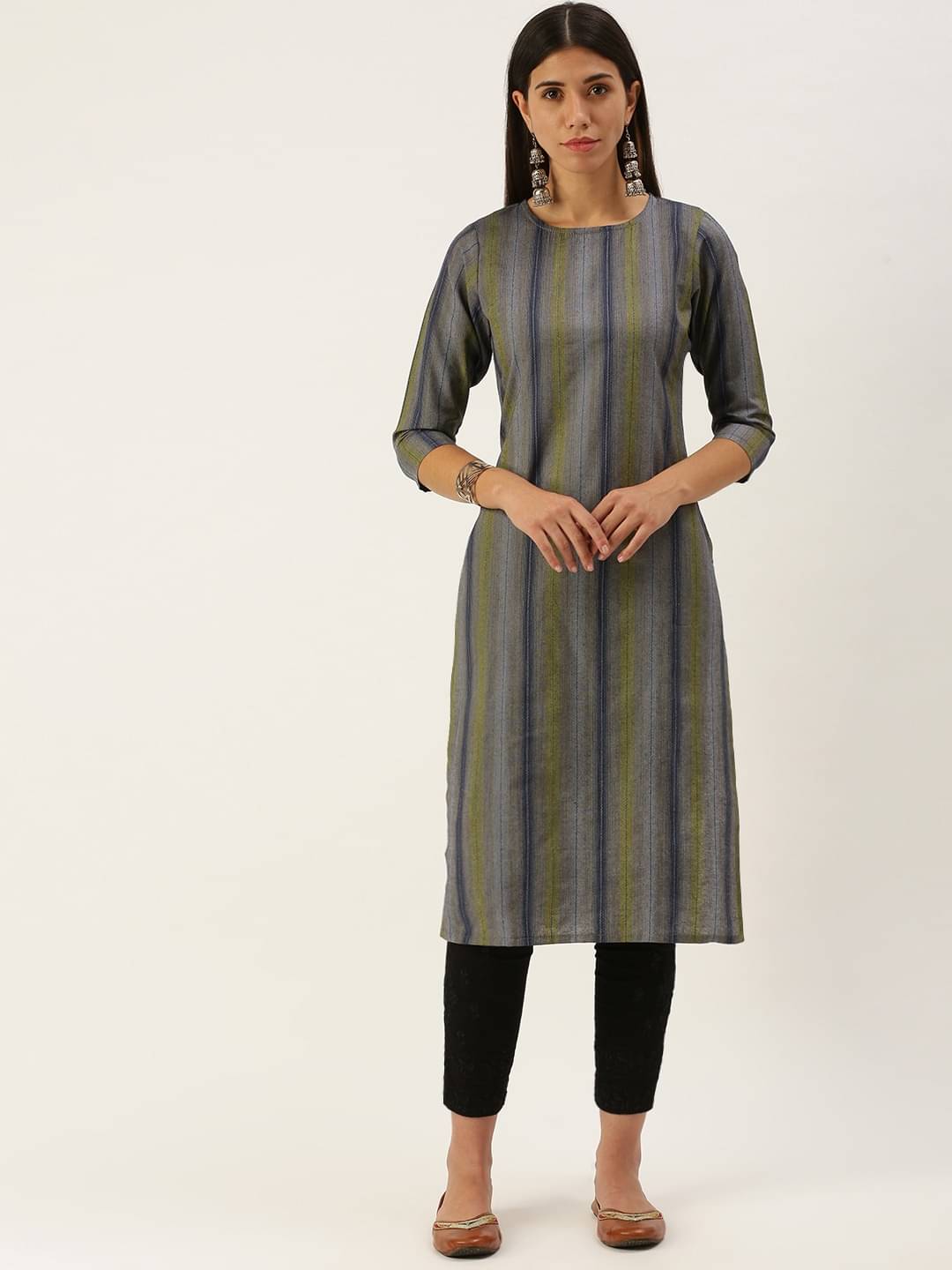     			Aarrah Cotton Blend Striped Straight Women's Kurti - Blue ( Pack of 1 )