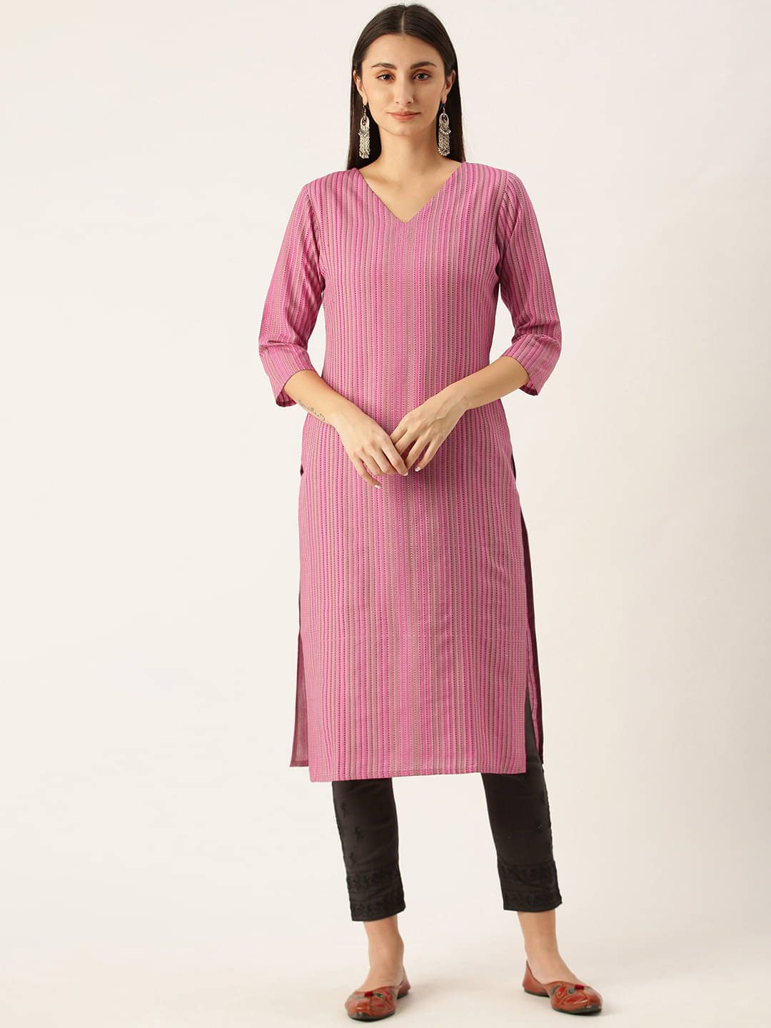 Aarrah Cotton Blend Striped Straight Women's Kurti - Pink ( Pack of 1 ) Aarrah Cotton Blend Striped Straight Women's Kurti - Pink ( Pack of 1 )