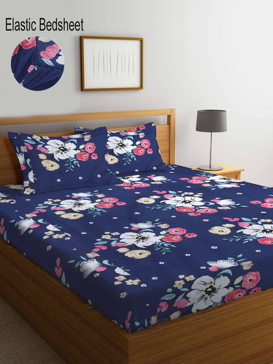     			Klotthe Poly Cotton Floral Fitted 1 Bedsheet with 2 Pillow Covers ( King Size ) - Dark Blue
