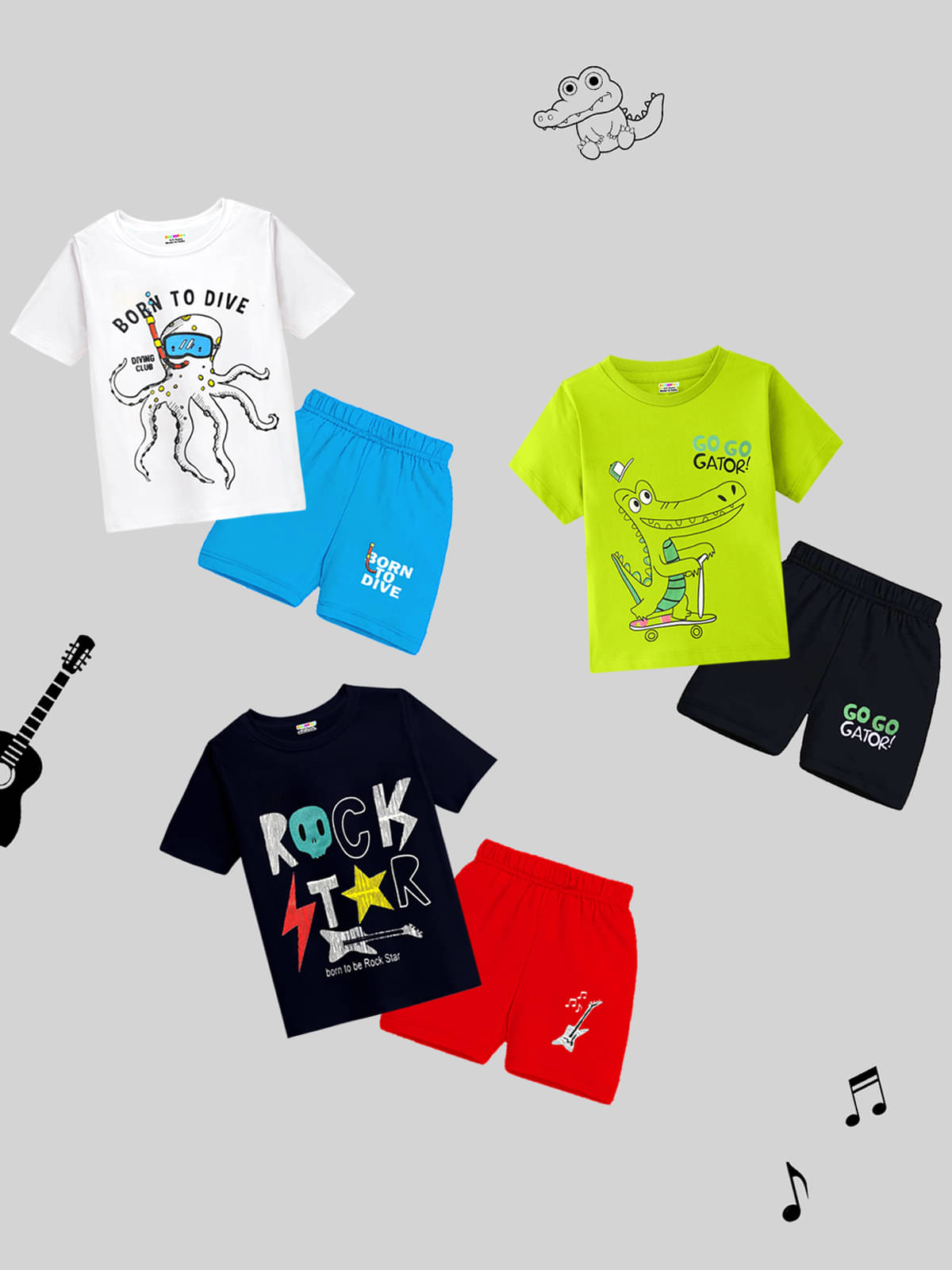 Kuchipoo Pack of 3 Baby Boys Cotton Blend T-Shirt & Shorts Set ( Multicolor ) Kuchipoo Pack of 3 Baby Boys Cotton Blend T-Shirt & Shorts Set ( Multicolor )