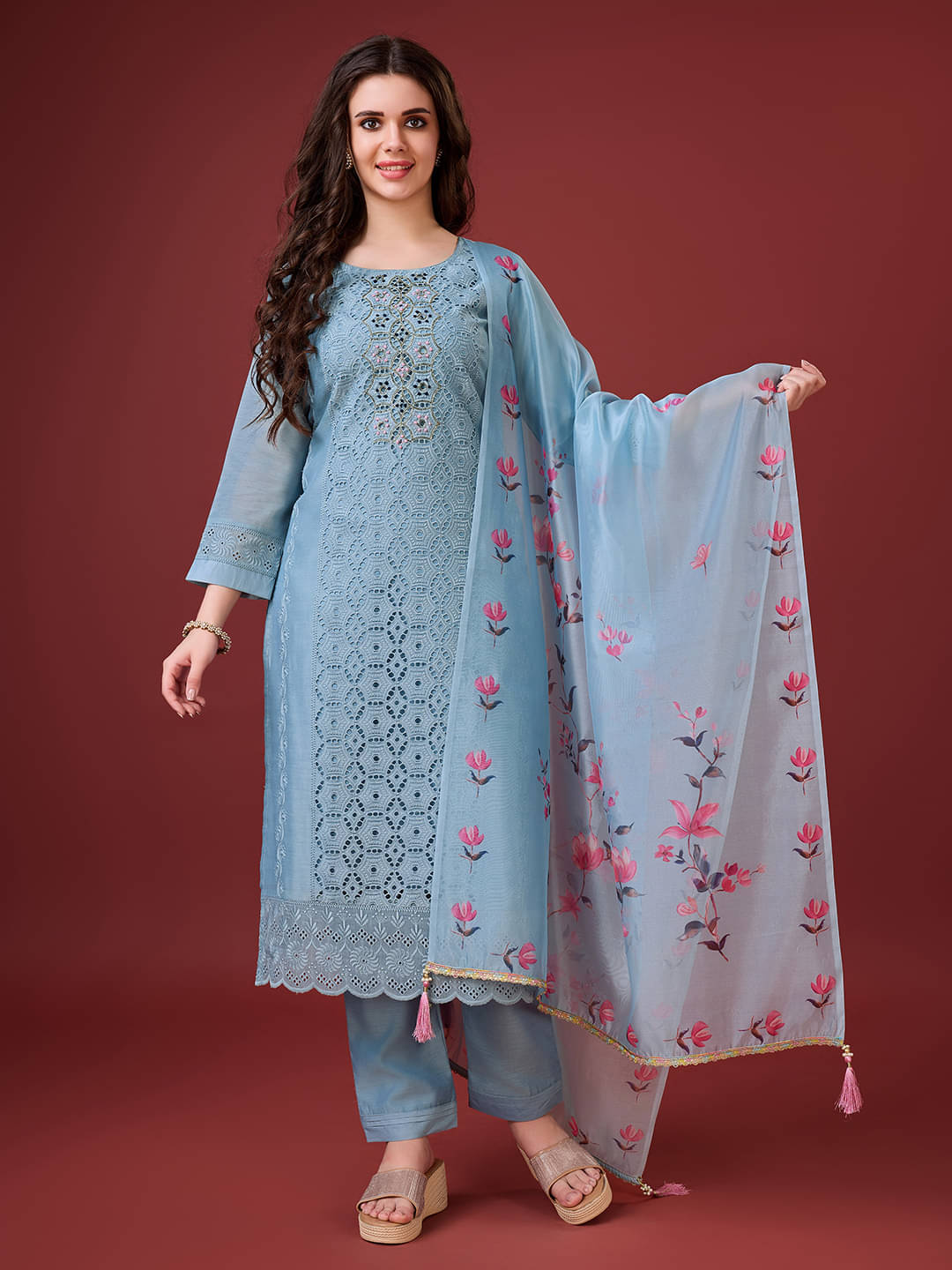 MOJILAA Chanderi Embroidered Kurti With Pants Women's Stitched Salwar Suit - Light Blue ( Pack of 1 ) MOJILAA Chanderi Embroidered Kurti With Pants Women's Stitched Salwar Suit - Light Blue ( Pack of 1 )