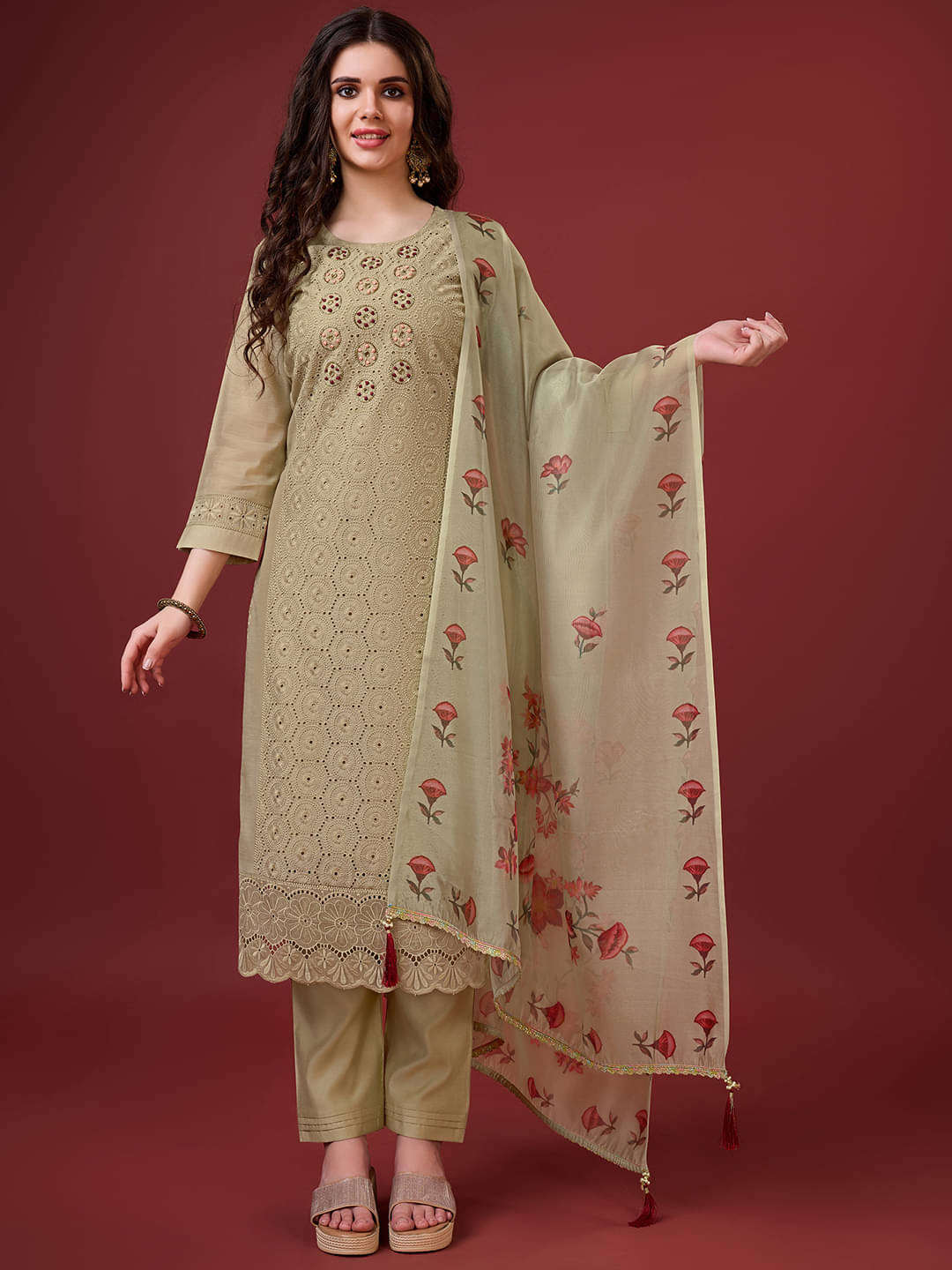     			MOJILAA Chanderi Embroidered Kurti With Pants Women's Stitched Salwar Suit - Beige ( Pack of 1 )