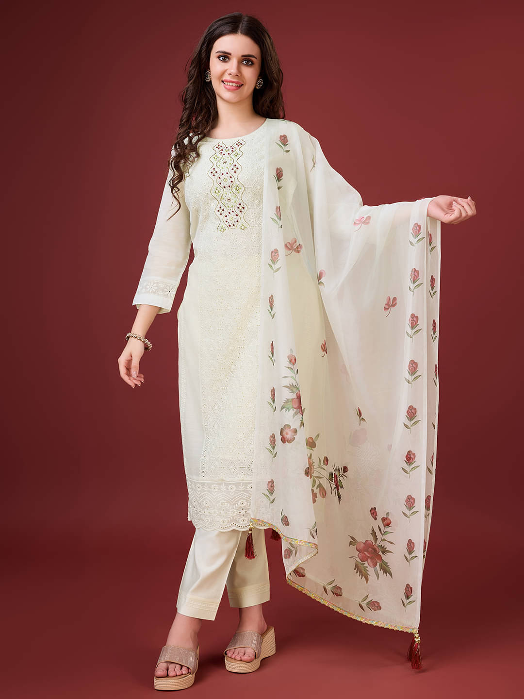     			MOJILAA Chanderi Embroidered Kurti With Pants Women's Stitched Salwar Suit - Off White ( Pack of 1 )