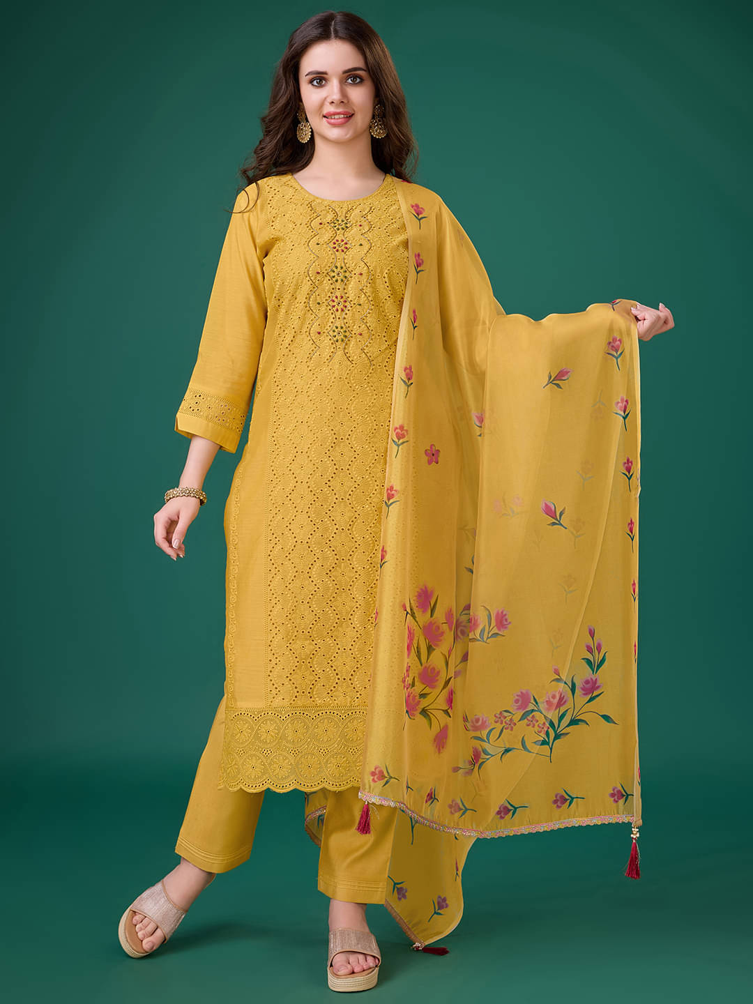     			MOJILAA Chanderi Embroidered Kurti With Pants Women's Stitched Salwar Suit - Yellow ( Pack of 1 )