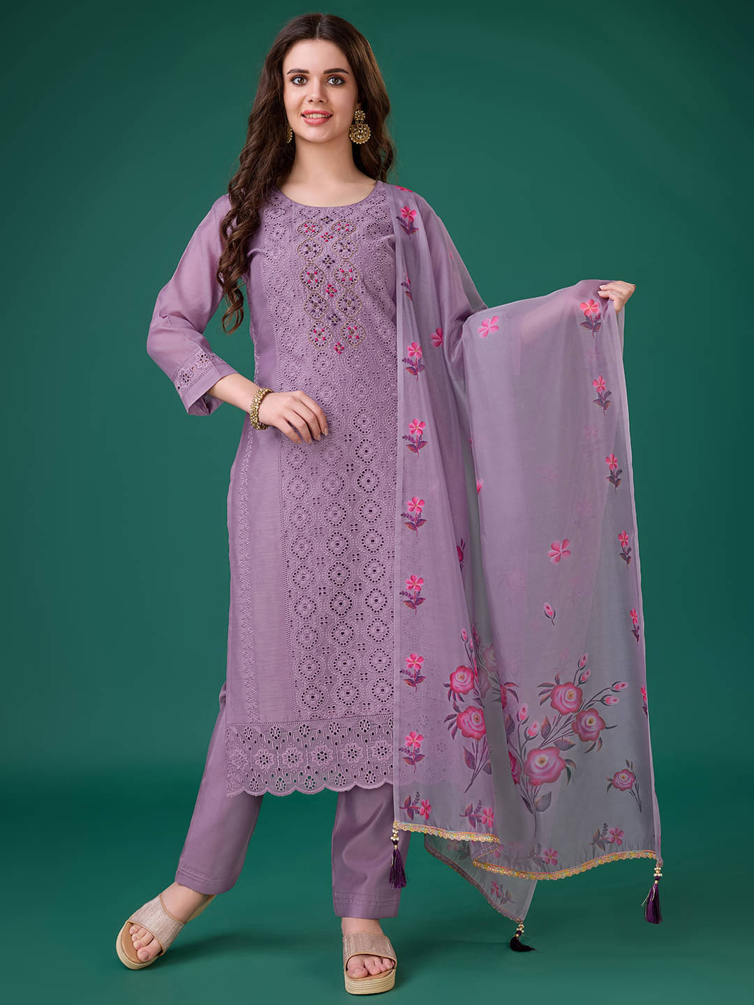     			MOJILAA Chanderi Embroidered Kurti With Pants Women's Stitched Salwar Suit - Lavender ( Pack of 1 )