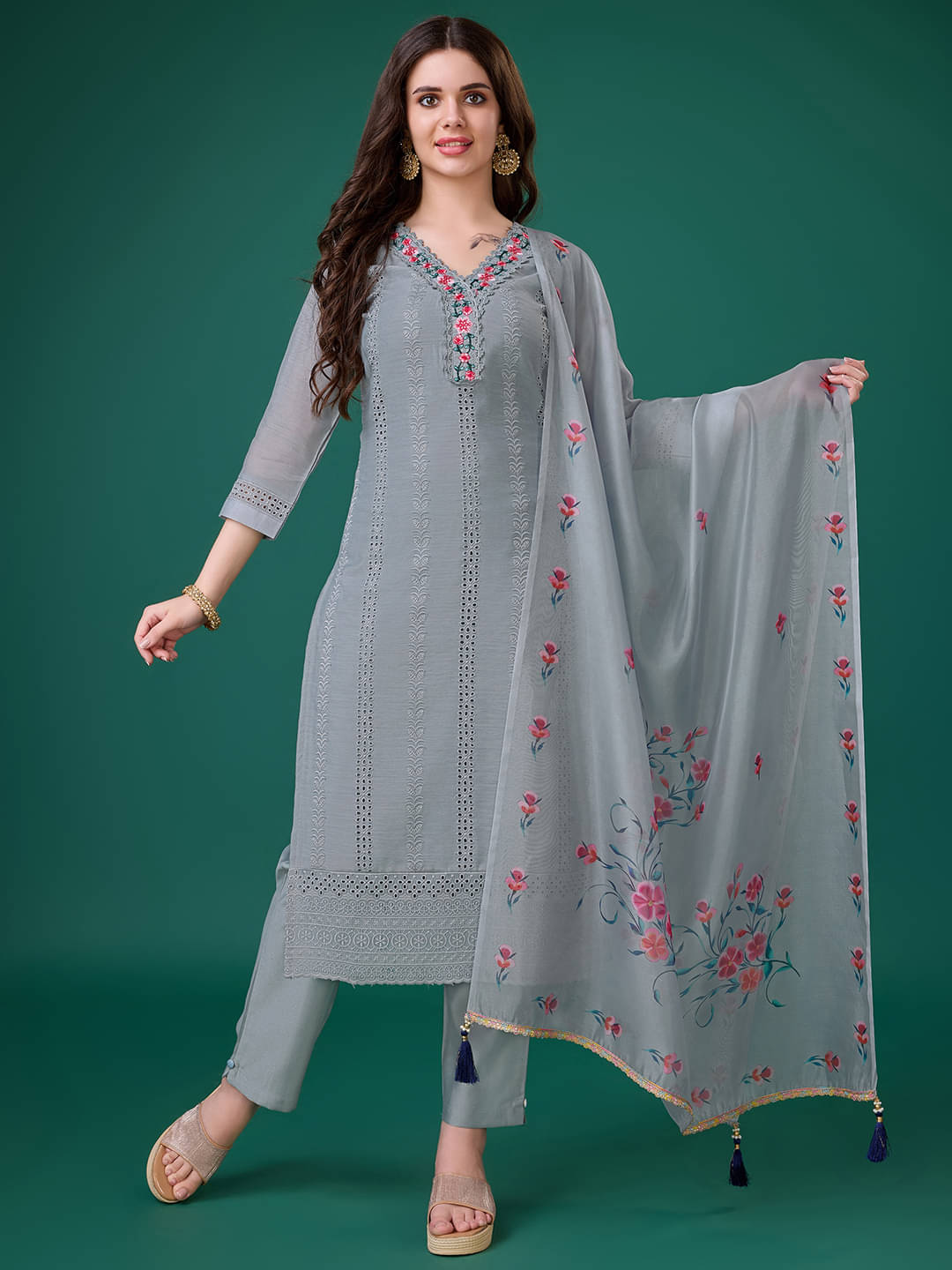     			MOJILAA Chanderi Embroidered Kurti With Pants Women's Stitched Salwar Suit - Grey Melange ( Pack of 1 )