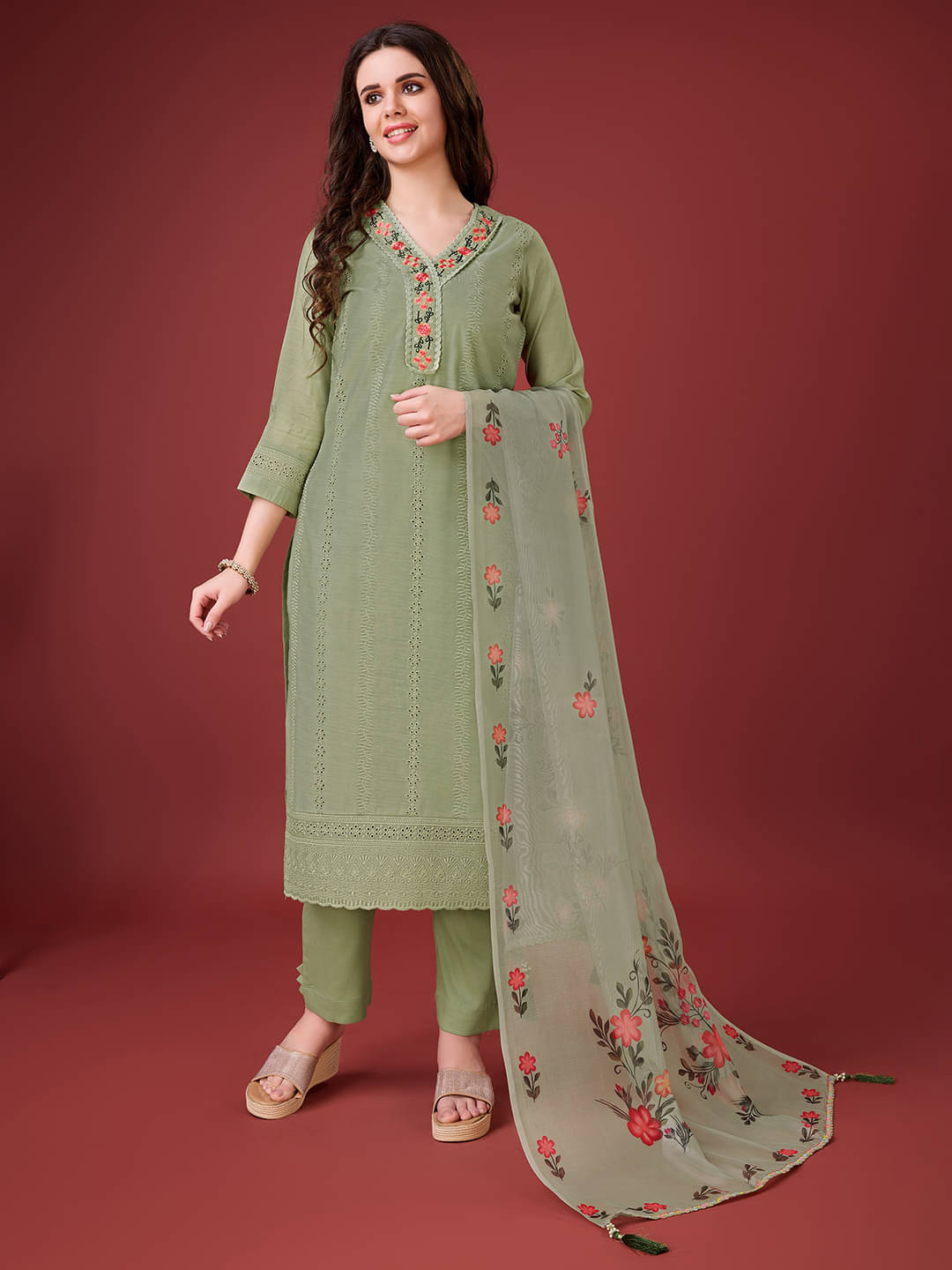 MOJILAA Chanderi Embroidered Kurti With Pants Women's Stitched Salwar Suit - Green ( Pack of 1 ) MOJILAA Chanderi Embroidered Kurti With Pants Women's Stitched Salwar Suit - Green ( Pack of 1 )