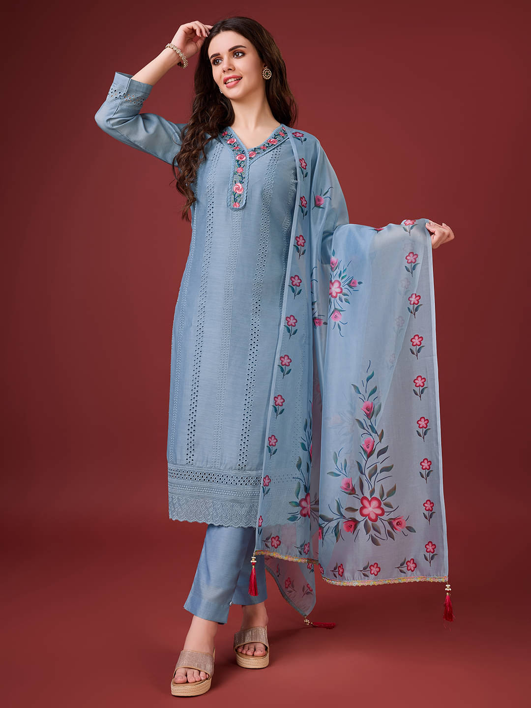     			MOJILAA Chanderi Embroidered Kurti With Pants Women's Stitched Salwar Suit - Light Blue ( Pack of 1 )