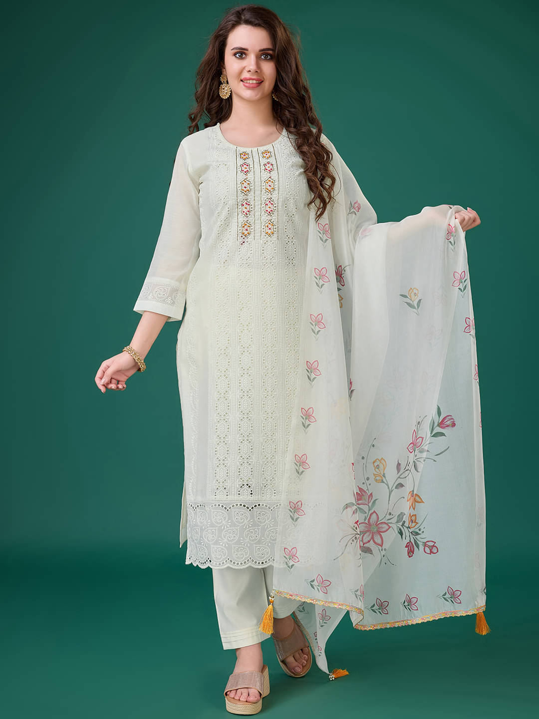     			MOJILAA Chanderi Embroidered Kurti With Pants Women's Stitched Salwar Suit - Off White ( Pack of 1 )