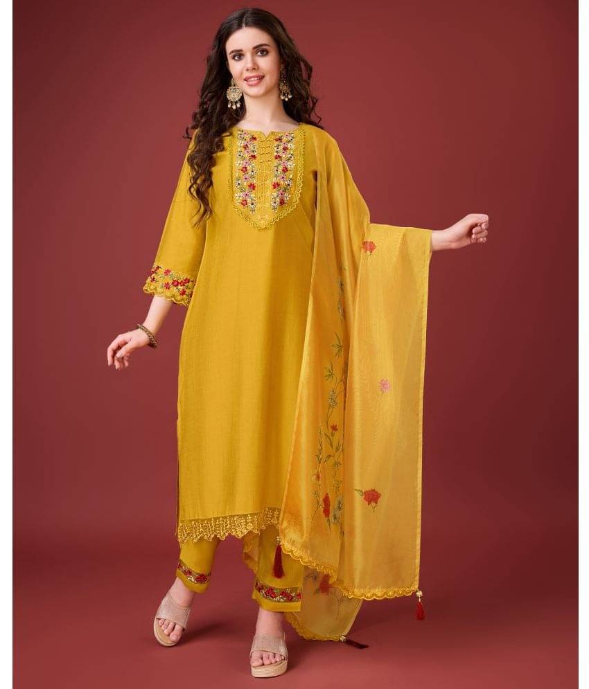 MOJILAA Viscose Embroidered Kurti With Pants Women's Stitched Salwar Suit - Yellow ( Pack of 1 ) MOJILAA Viscose Embroidered Kurti With Pants Women's Stitched Salwar Suit - Yellow ( Pack of 1 )