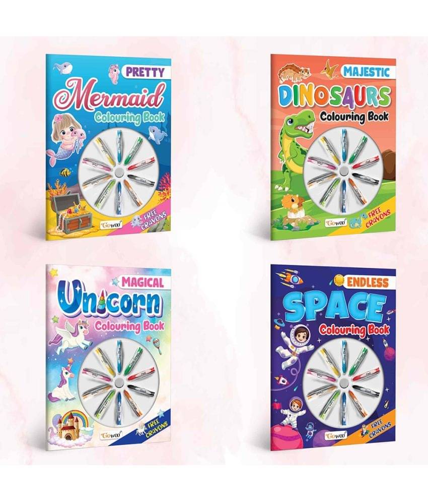 Magical Unicorn Colouring Book, Endless Space Colouring Book , Pretty Mermaid Colouring Book & Majestic Dinosaur Colouring Book With Crayons|Combo of 4 | Whimsical Colouring Quartet Magical Unicorn Colouring Book, Endless Space Colouring Book , Pretty Mermaid Colouring Book & Majestic Dinosaur Colouring Book With Crayons|Combo of 4 | Whimsical Colouring Quartet