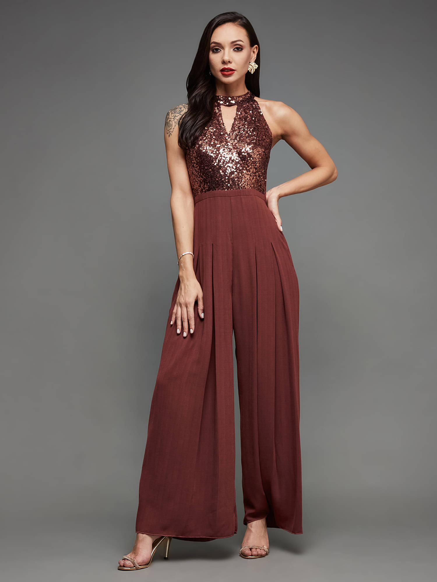     			Miss Chase Burgundy Crepe Regular Fit Women's Jumpsuit ( Pack of 1 )