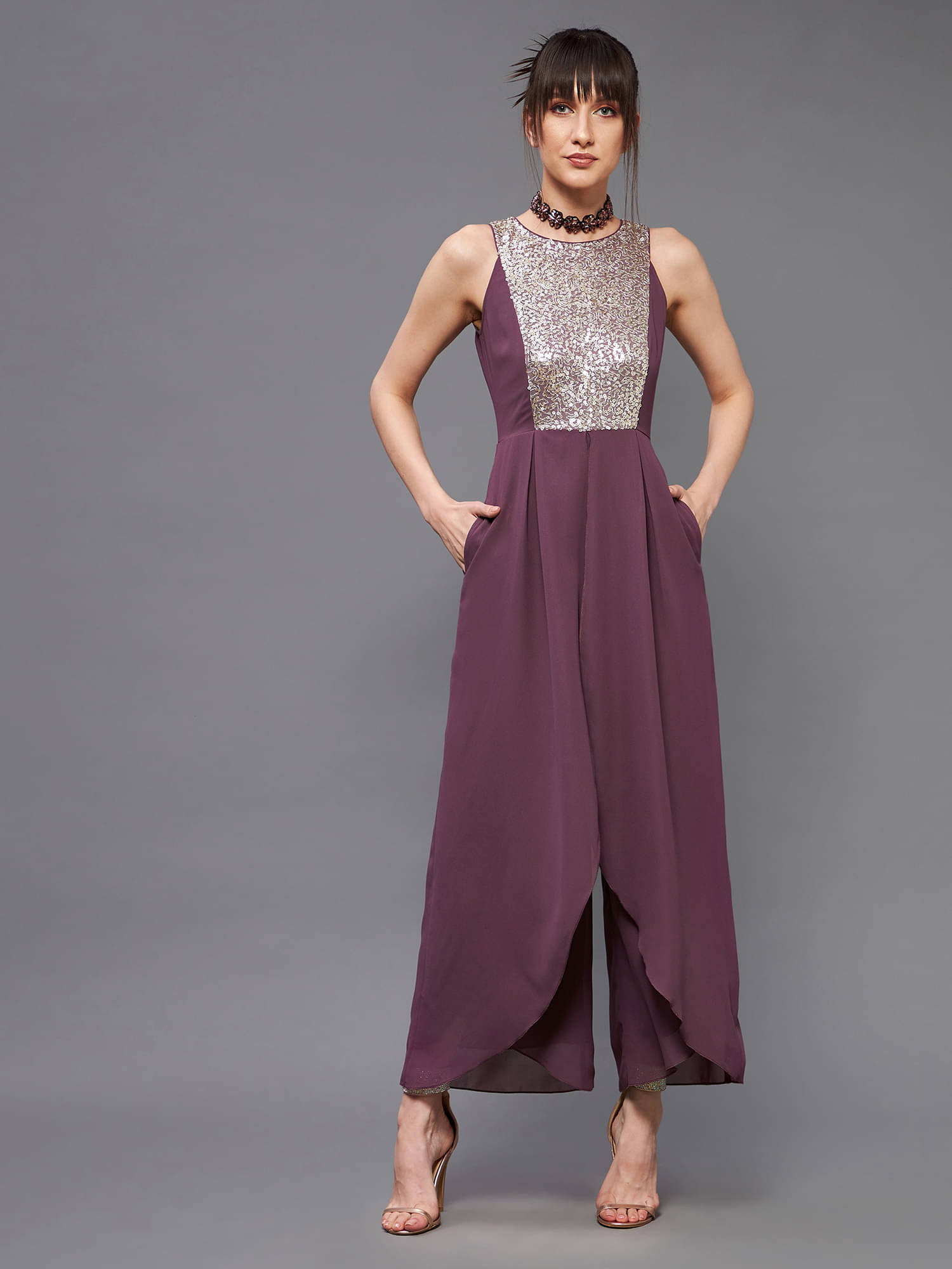 Miss Chase Mauve Georgette Regular Fit Women's Jumpsuit ( Pack of 1 ) Miss Chase Mauve Georgette Regular Fit Women's Jumpsuit ( Pack of 1 )
