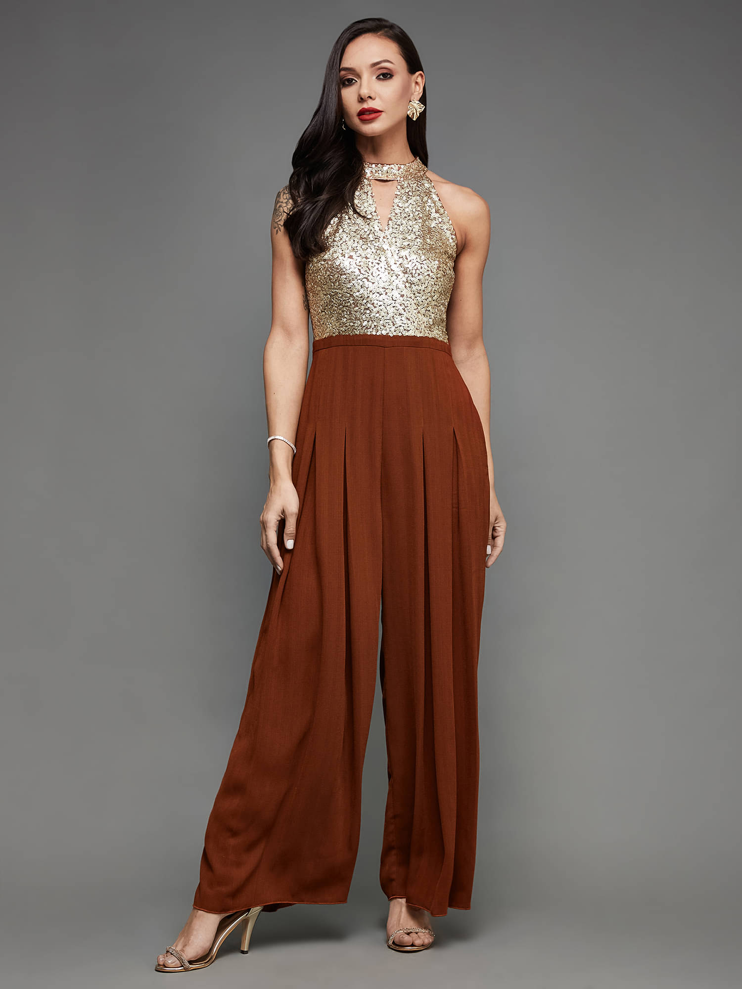 Miss Chase Rust Crepe Regular Fit Women's Jumpsuit ( Pack of 1 ) Miss Chase Rust Crepe Regular Fit Women's Jumpsuit ( Pack of 1 )