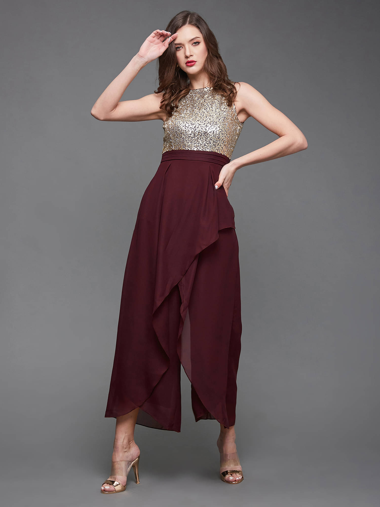 Miss Chase Wine Georgette Regular Fit Women's Jumpsuit ( Pack of 1 ) Miss Chase Wine Georgette Regular Fit Women's Jumpsuit ( Pack of 1 )