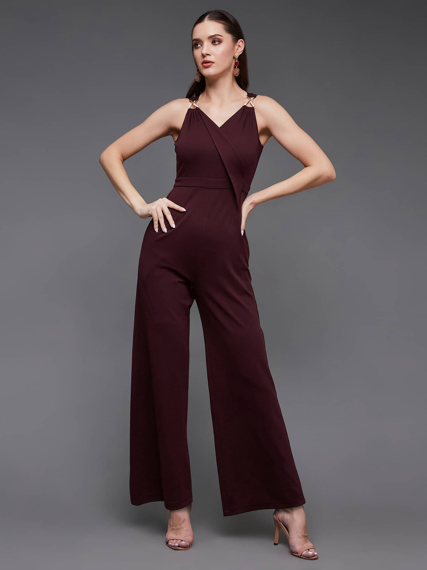 Miss Chase Wine Polyester Regular Fit Women's Jumpsuit ( Pack of 1 ) Miss Chase Wine Polyester Regular Fit Women's Jumpsuit ( Pack of 1 )