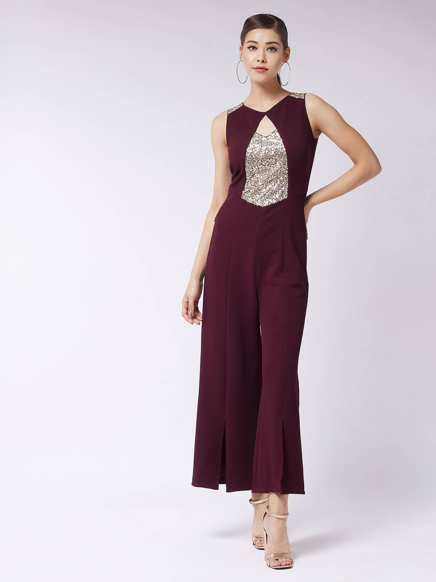 Miss Chase Wine Polyester Regular Fit Women's Jumpsuit ( Pack of 1 ) Miss Chase Wine Polyester Regular Fit Women's Jumpsuit ( Pack of 1 )