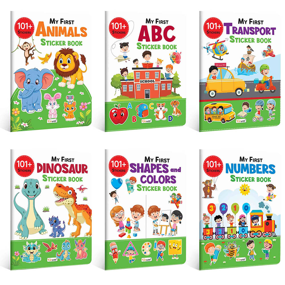 My First ABC, Animals, Numbers, Transport, Shapes & Colors and Dinosaur Sticker Book with 101+ Stickers | Combo of 6 sticker books | Activity Book for Children, kids activity book. My First ABC, Animals, Numbers, Transport, Shapes & Colors and Dinosaur Sticker Book with 101+ Stickers | Combo of 6 sticker books | Activity Book for Children, kids activity book.