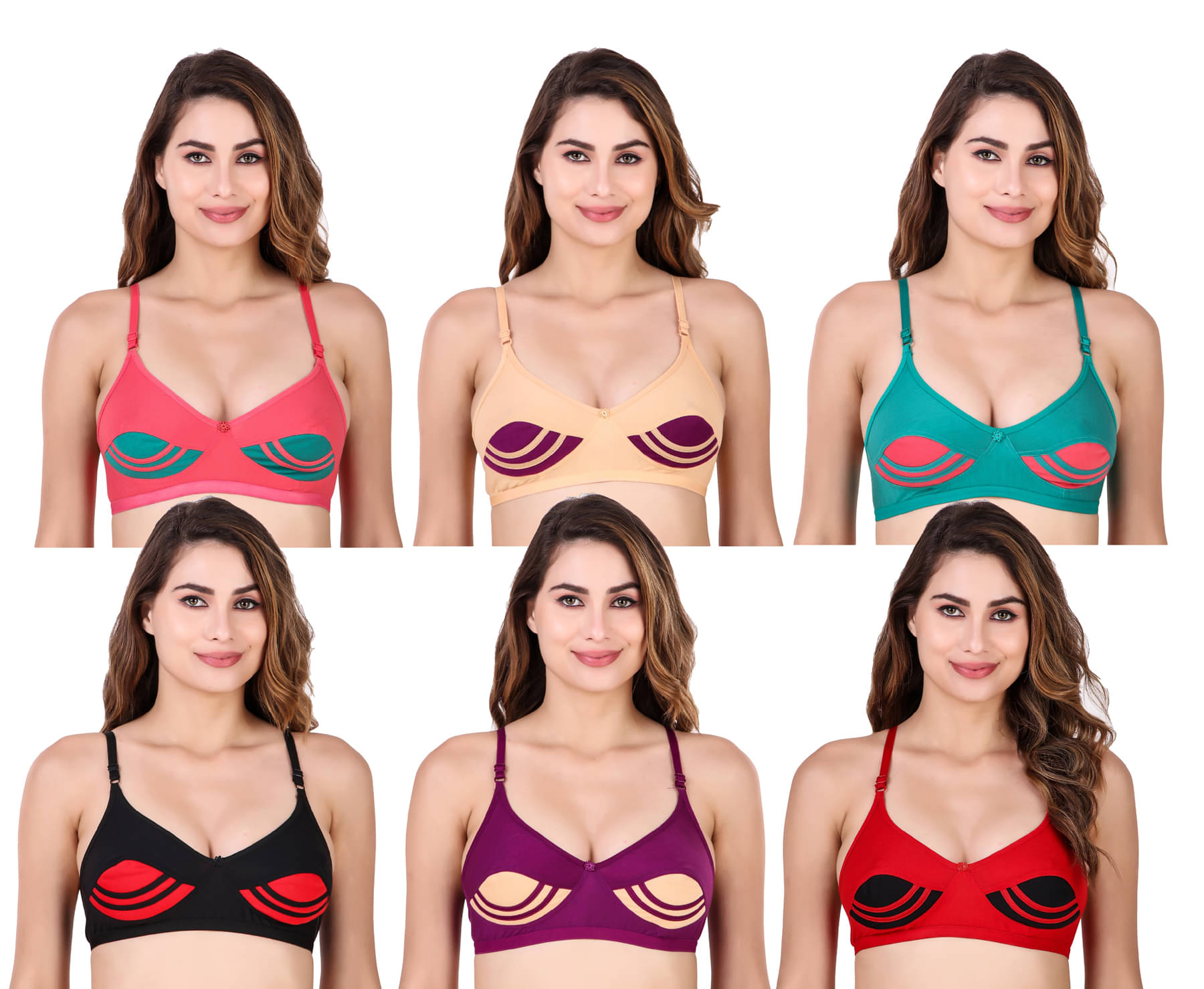     			Piylu Pack of 6 Cotton Blend Women's Everyday Bra ( Multicolor ) Pack of 6 Women Full Coverage Non Padded Bra  (Multicolor)