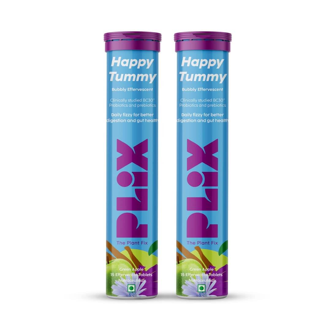     			Plix Happy Tummy Pre+Probiotic 15 Effervescent Tablets For Good Gut Metabolism Pack of 2 Green Apple