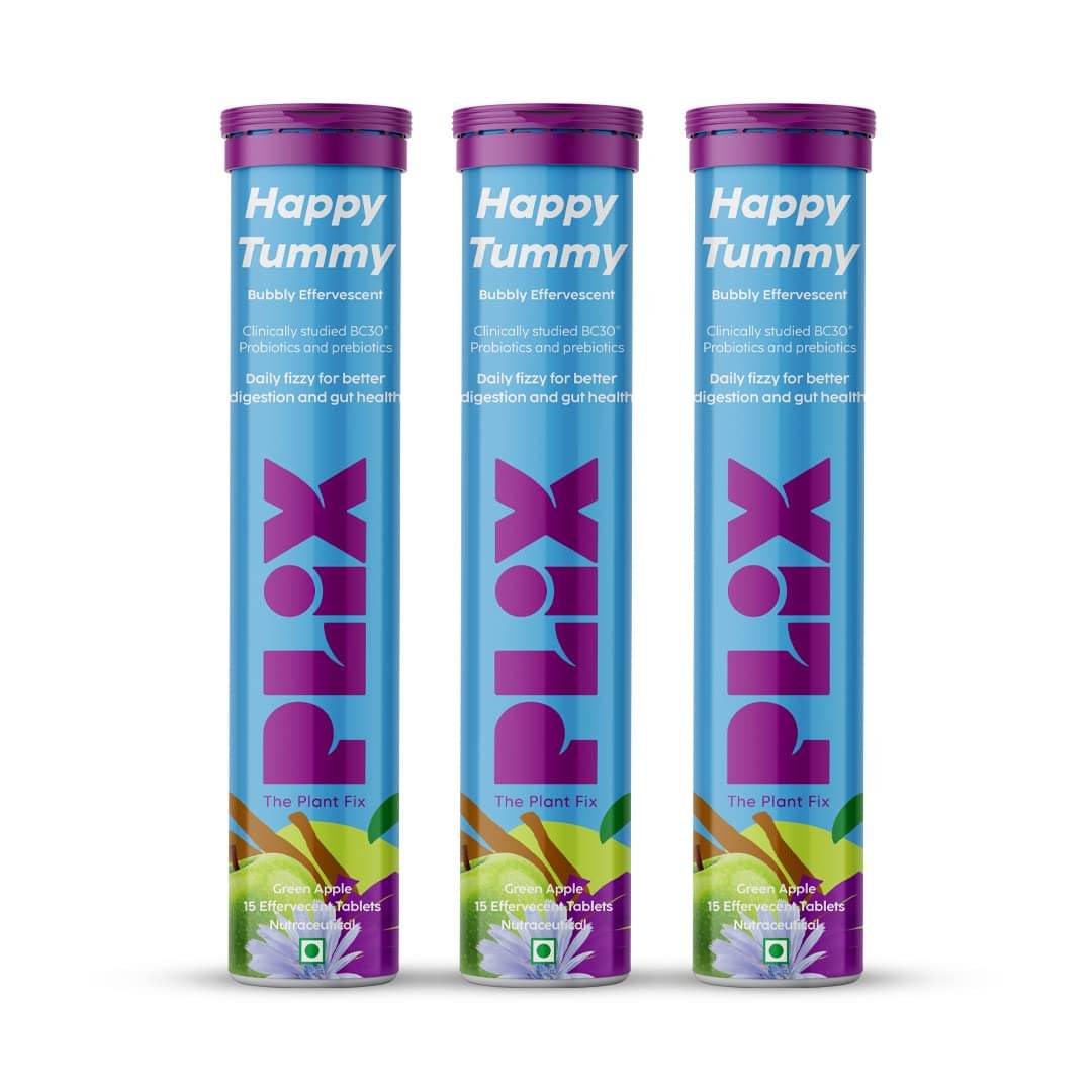 Plix Happy Tummy Pre+Probiotic 15 Effervescent Tablets For Good Gut Metabolism Pack of 3 Green Apple Plix Happy Tummy Pre+Probiotic 15 Effervescent Tablets For Good Gut Metabolism Pack of 3 Green Apple