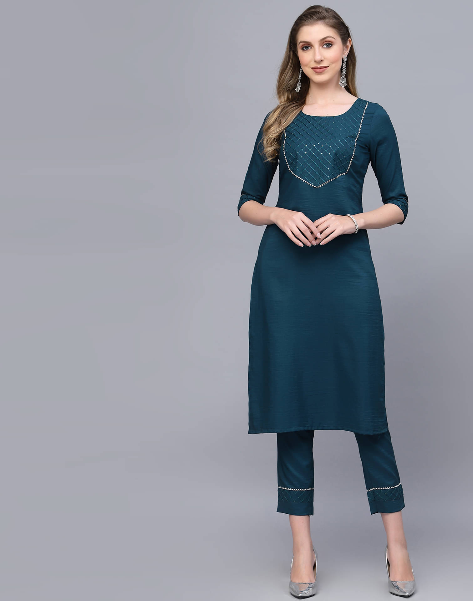Skylee Chiffon Embroidered Kurti With Pants Women's Stitched Salwar Suit - Teal ( Pack of 1 ) Skylee Chiffon Embroidered Kurti With Pants Women's Stitched Salwar Suit - Teal ( Pack of 1 )