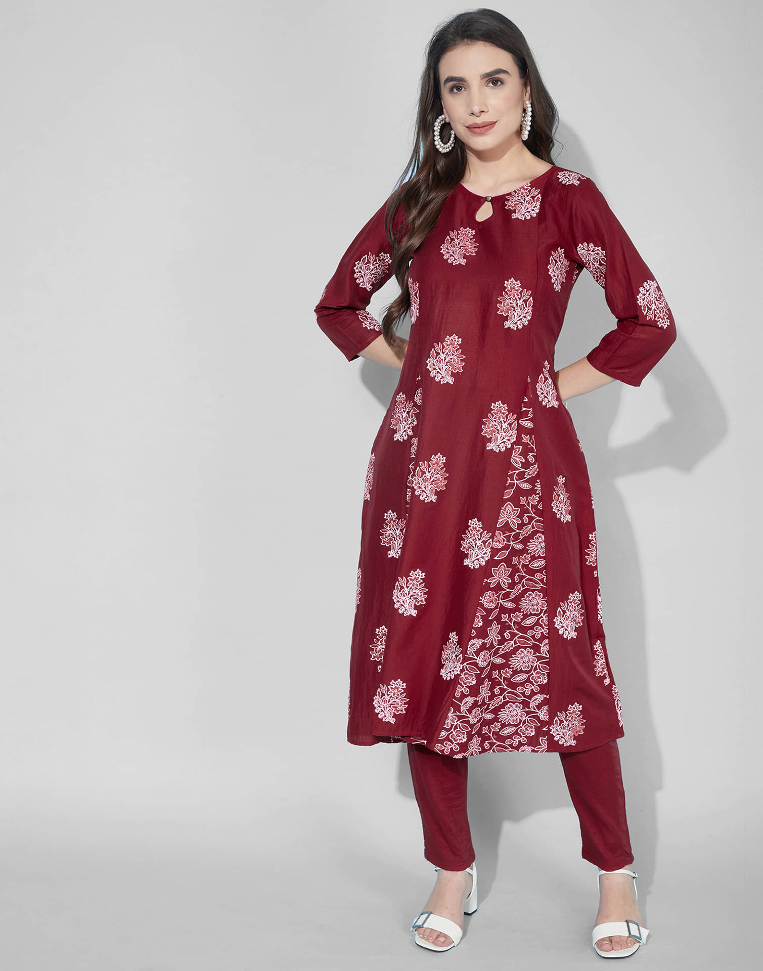     			Skylee Chiffon Printed Kurti With Pants Women's Stitched Salwar Suit - Maroon ( Pack of 1 )
