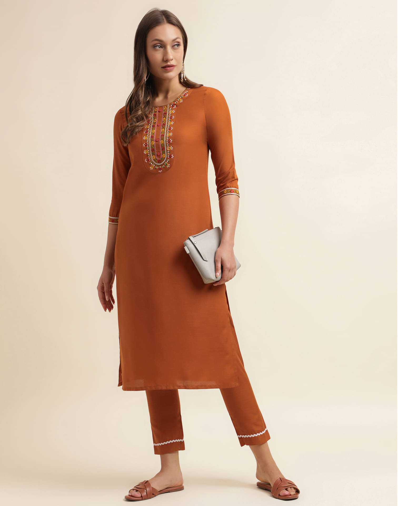 Skylee Cotton Blend Embroidered Kurti With Pants Women's Stitched Salwar Suit - Rust ( Pack of 1 ) Skylee Cotton Blend Embroidered Kurti With Pants Women's Stitched Salwar Suit - Rust ( Pack of 1 )