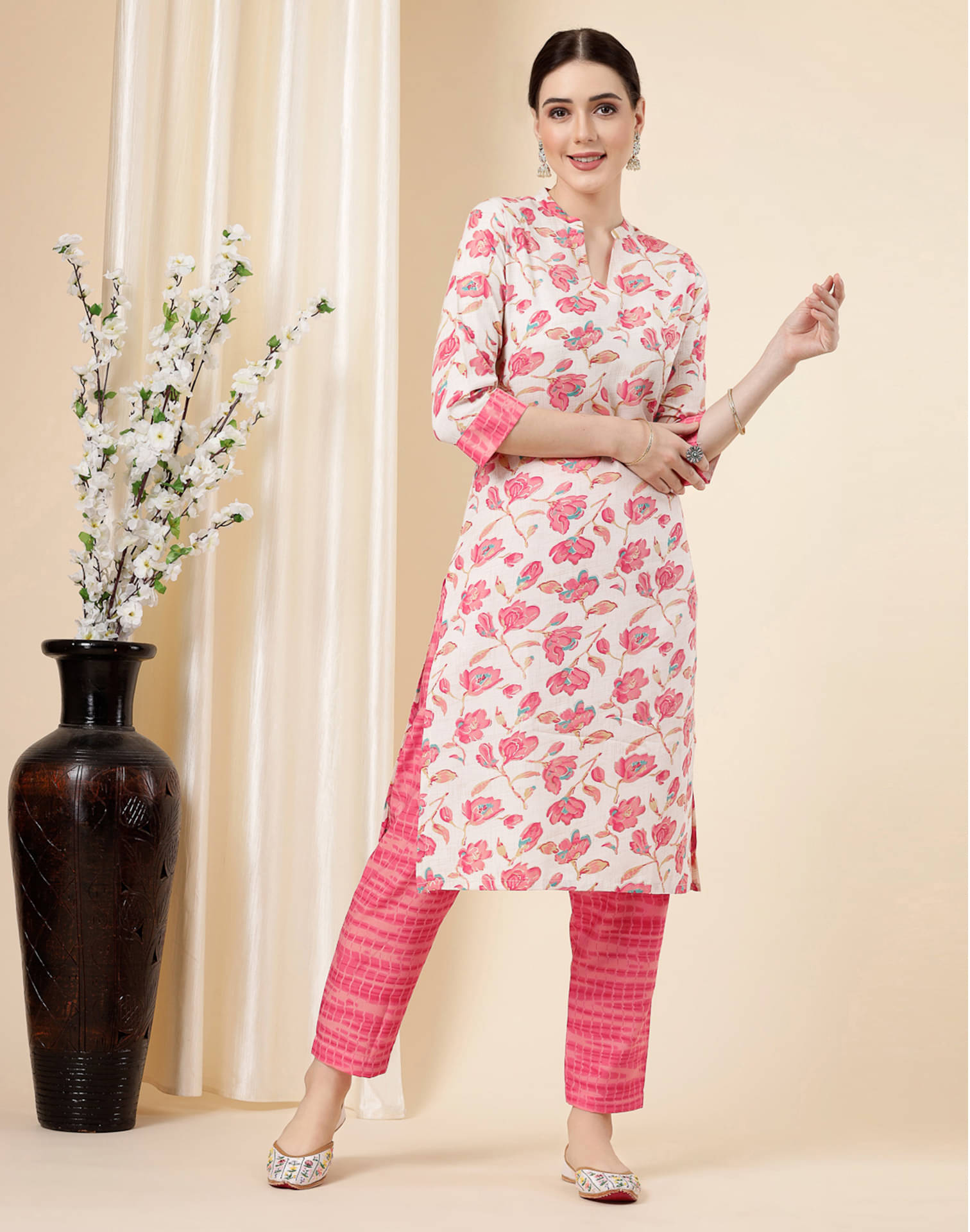     			Skylee Cotton Blend Printed Kurti With Pants Women's Stitched Salwar Suit - Pink ( Pack of 1 )