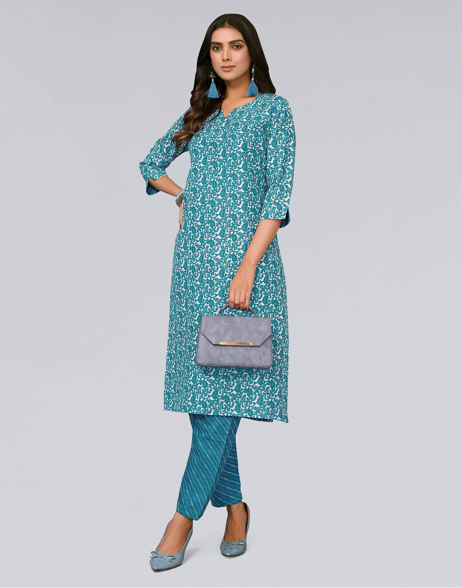     			Skylee Cotton Blend Printed Kurti With Pants Women's Stitched Salwar Suit - Blue ( Pack of 1 )