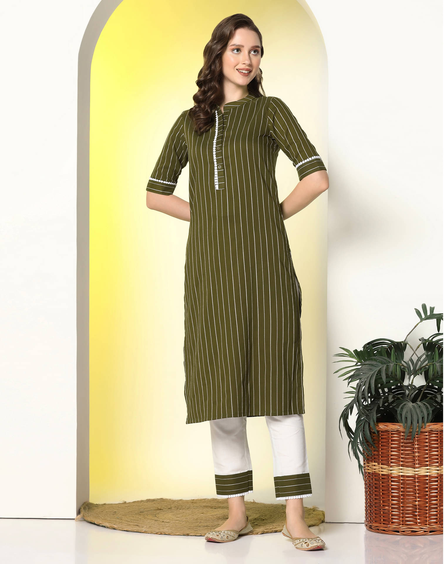 Skylee Cotton Blend Self Design Kurti With Pants Women's Stitched Salwar Suit - Olive ( Pack of 1 ) Skylee Cotton Blend Self Design Kurti With Pants Women's Stitched Salwar Suit - Olive ( Pack of 1 )