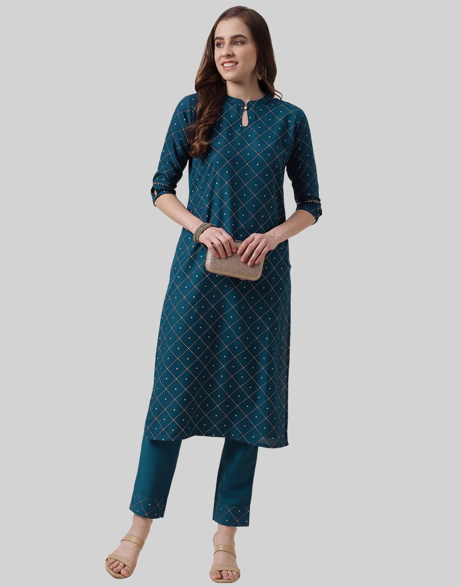 Skylee Rayon Printed Kurti With Pants Women's Stitched Salwar Suit - Teal ( Pack of 1 ) Skylee Rayon Printed Kurti With Pants Women's Stitched Salwar Suit - Teal ( Pack of 1 )