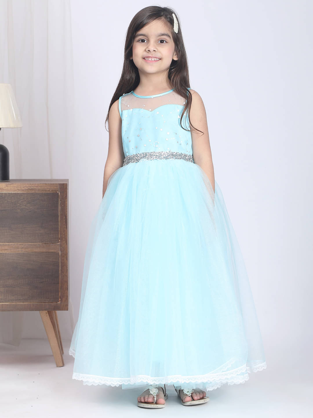     			Toy Balloon Kids Net Fit And Flare Dress For Girls ( Pack of 1 , Sea Blue )