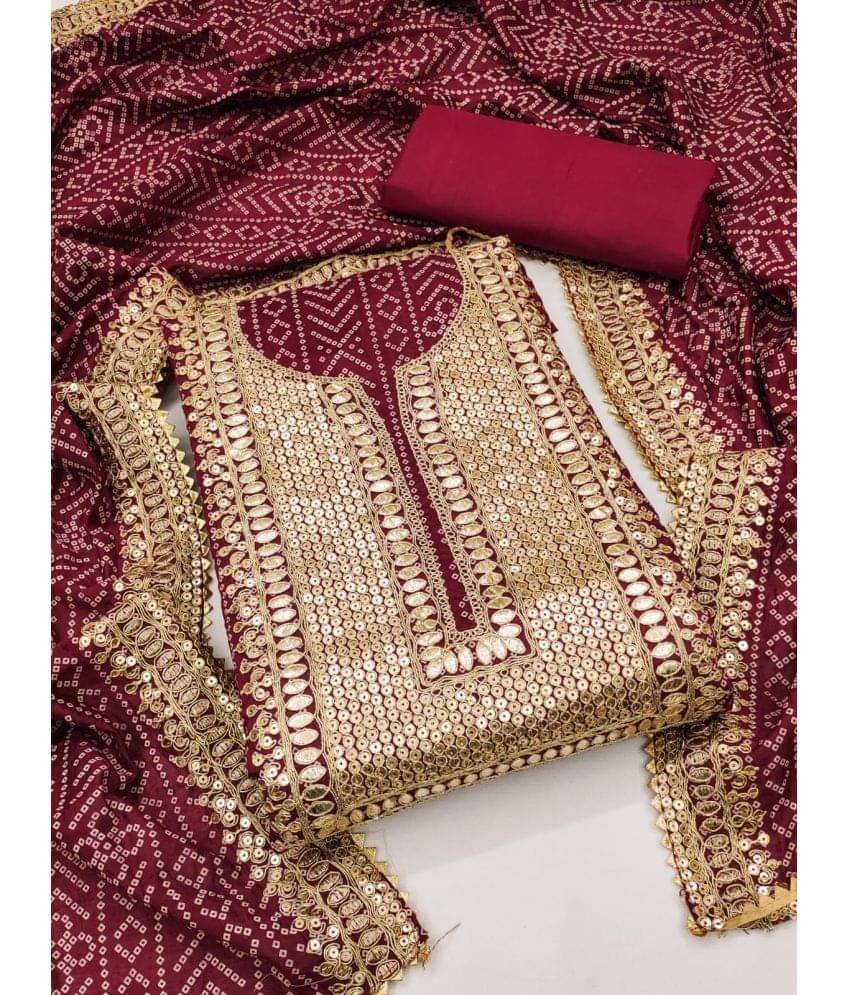     			ALSHOP Unstitched Silk Blend Embroidered Dress Material - Maroon ( Pack of 1 )