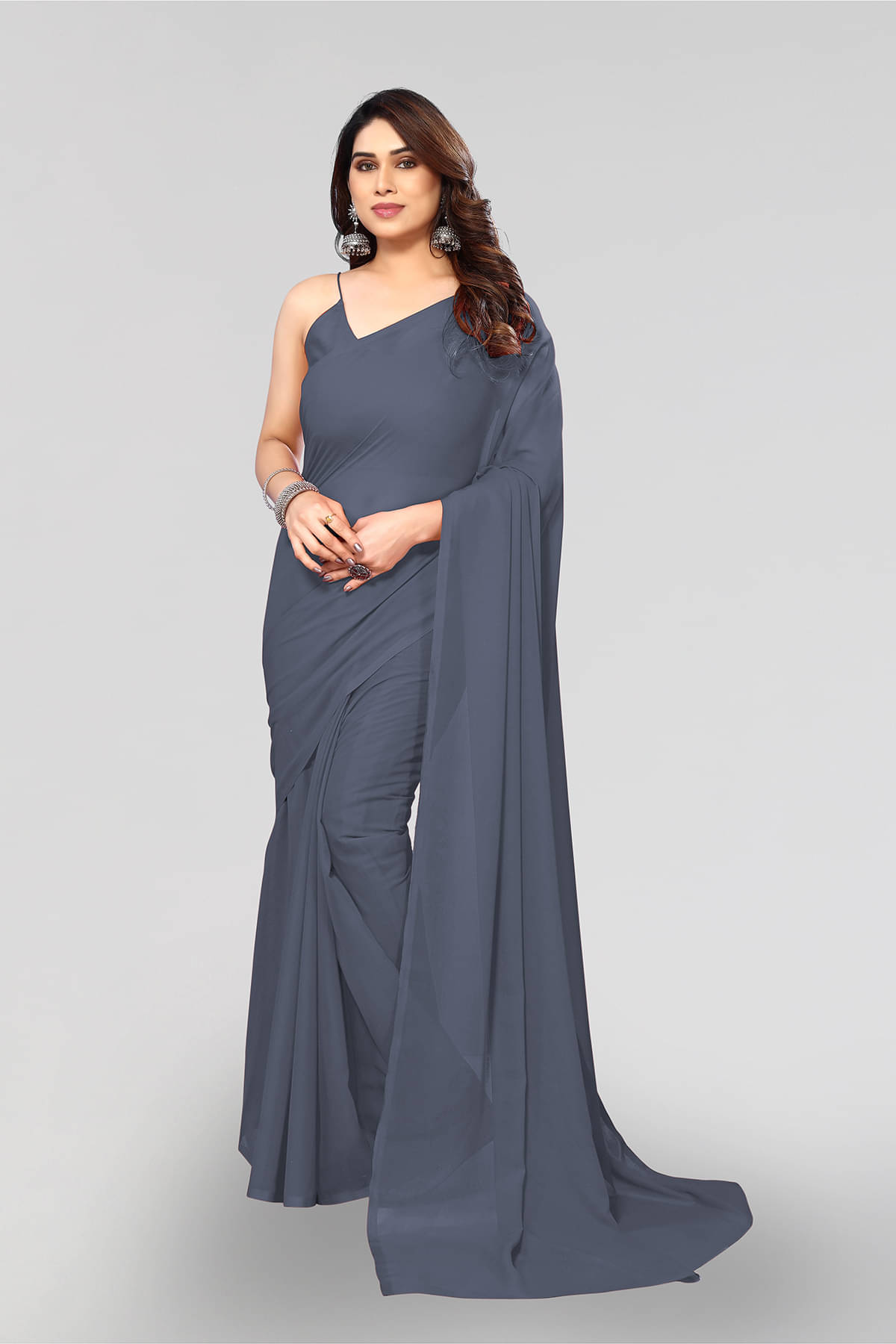 ANAND SAREES Georgette Solid Saree With Unstitched Blouse Piece ( Grey ) ANAND SAREES Georgette Solid Saree With Unstitched Blouse Piece ( Grey )