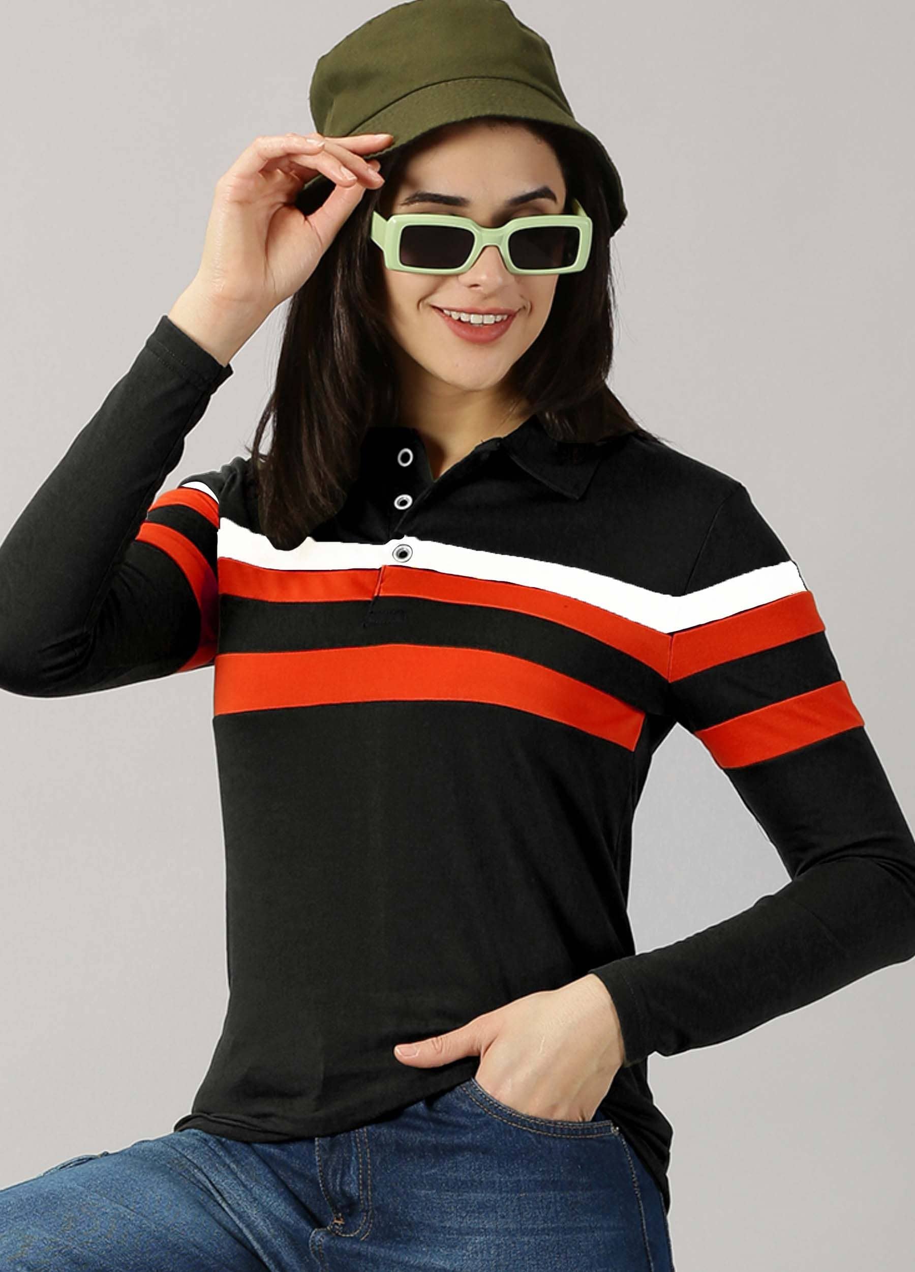 AUSK Women Cotton Blend Colorblock Regular Fit Polo Collar T-Shirt ( Black )