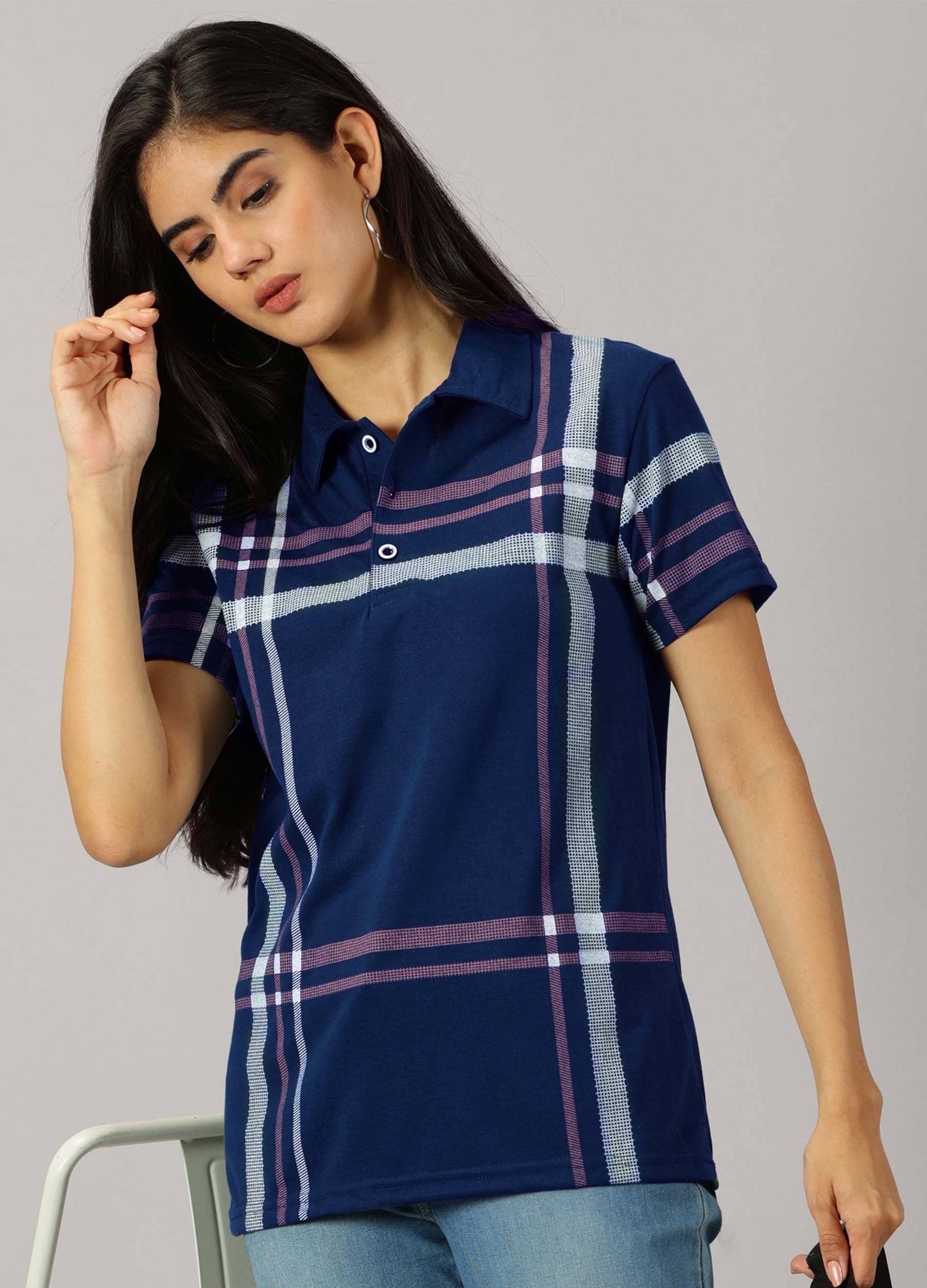     			AUSK Women Cotton Blend Checks Regular Fit Polo Collar T-Shirt ( Blue )